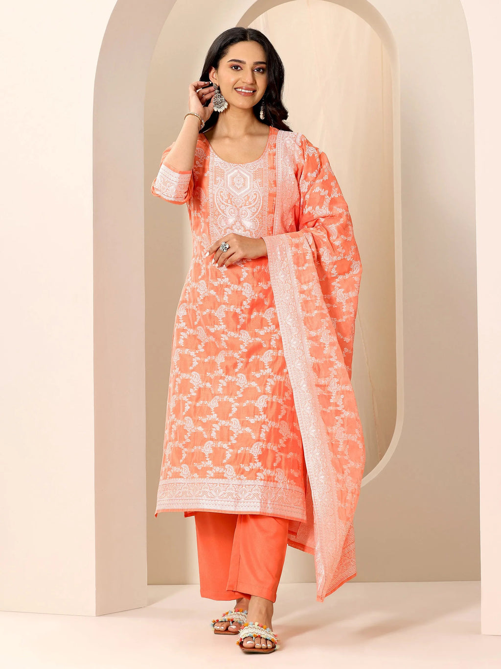Libas Orange Woven Design Chanderi Silk Straight Suit Set With Dupatta