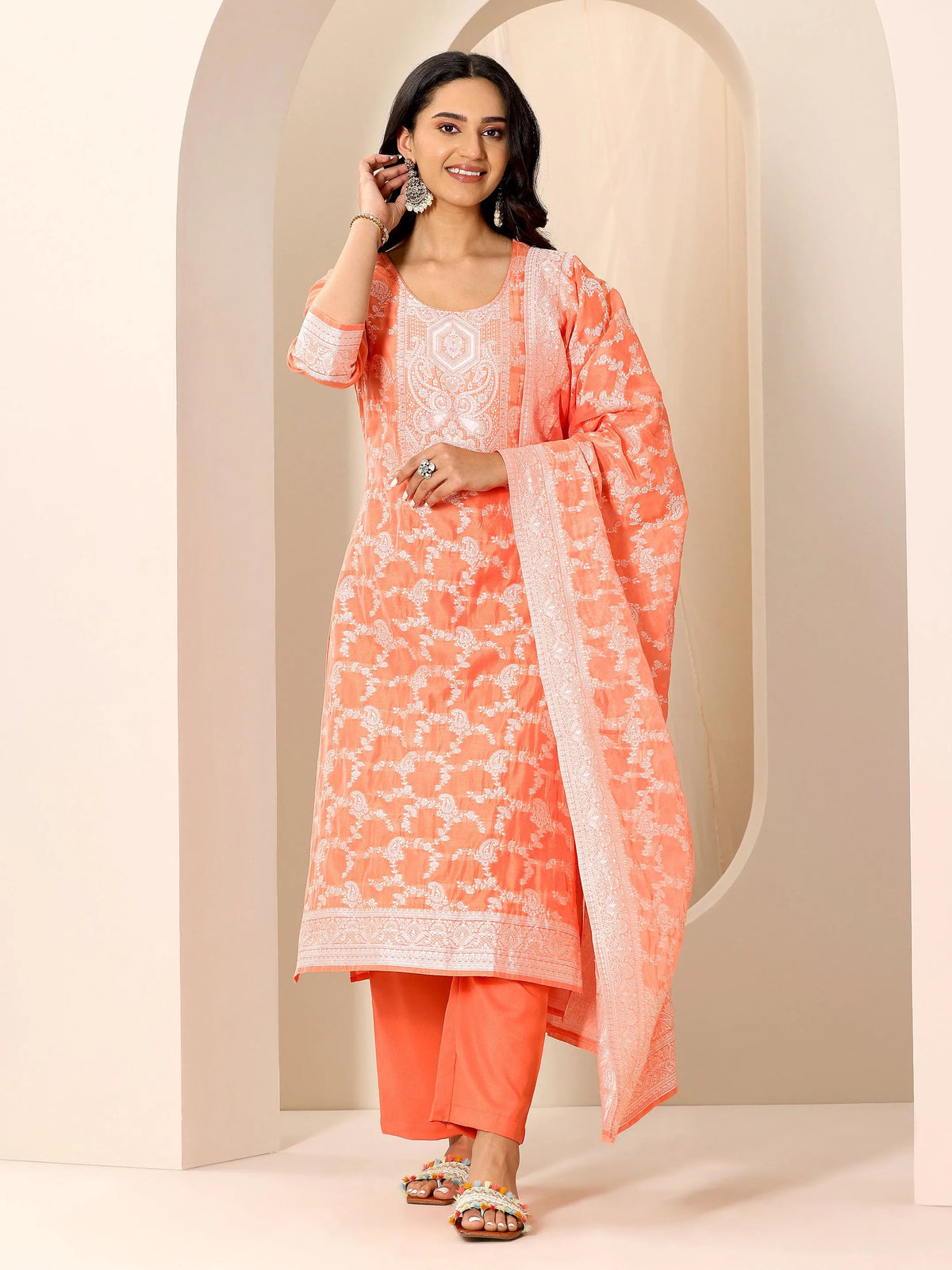 Libas Orange Woven Design Chanderi Silk Straight Suit Set With Dupatta