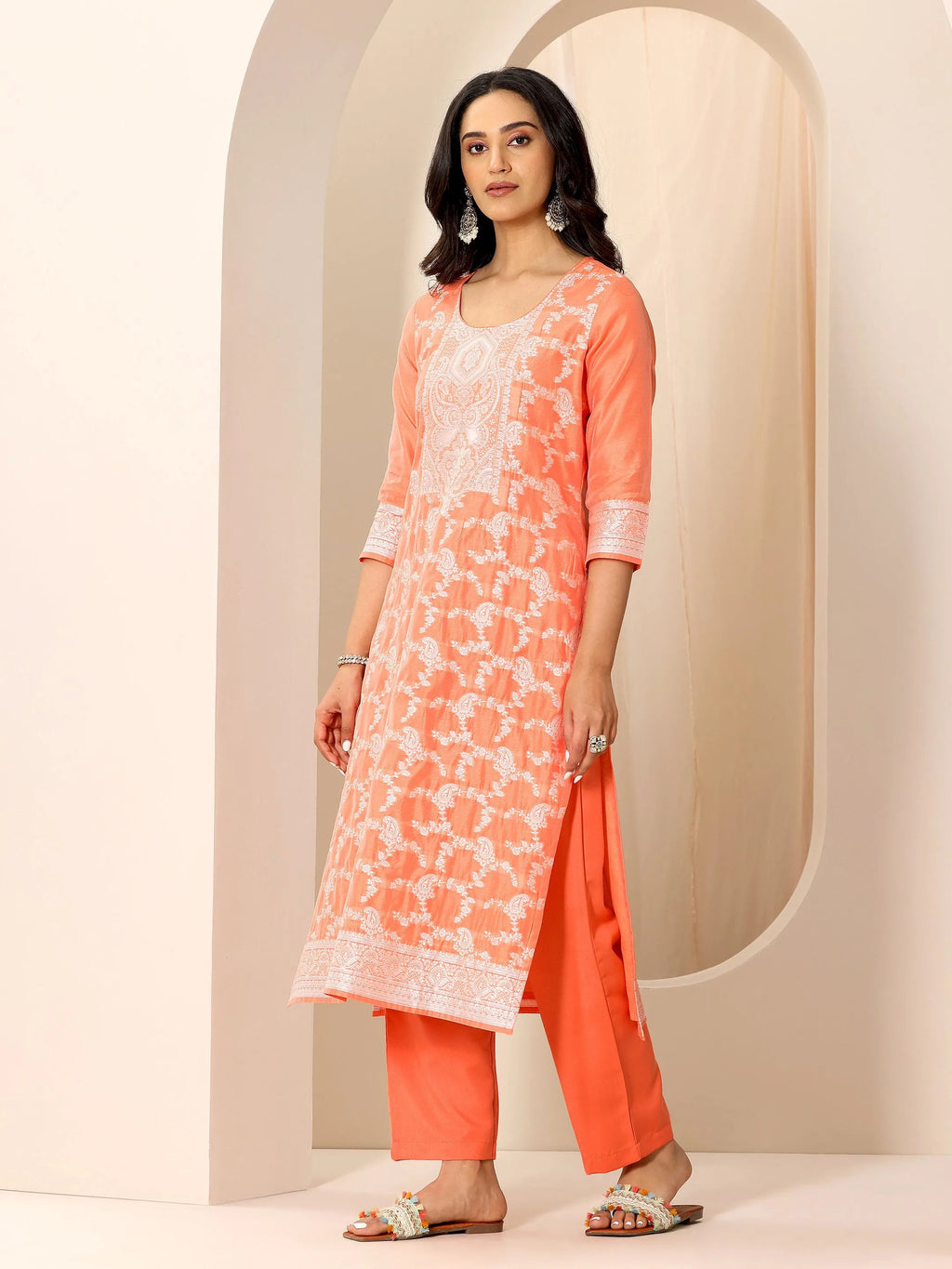 Libas Orange Woven Design Chanderi Silk Straight Suit Set With Dupatta