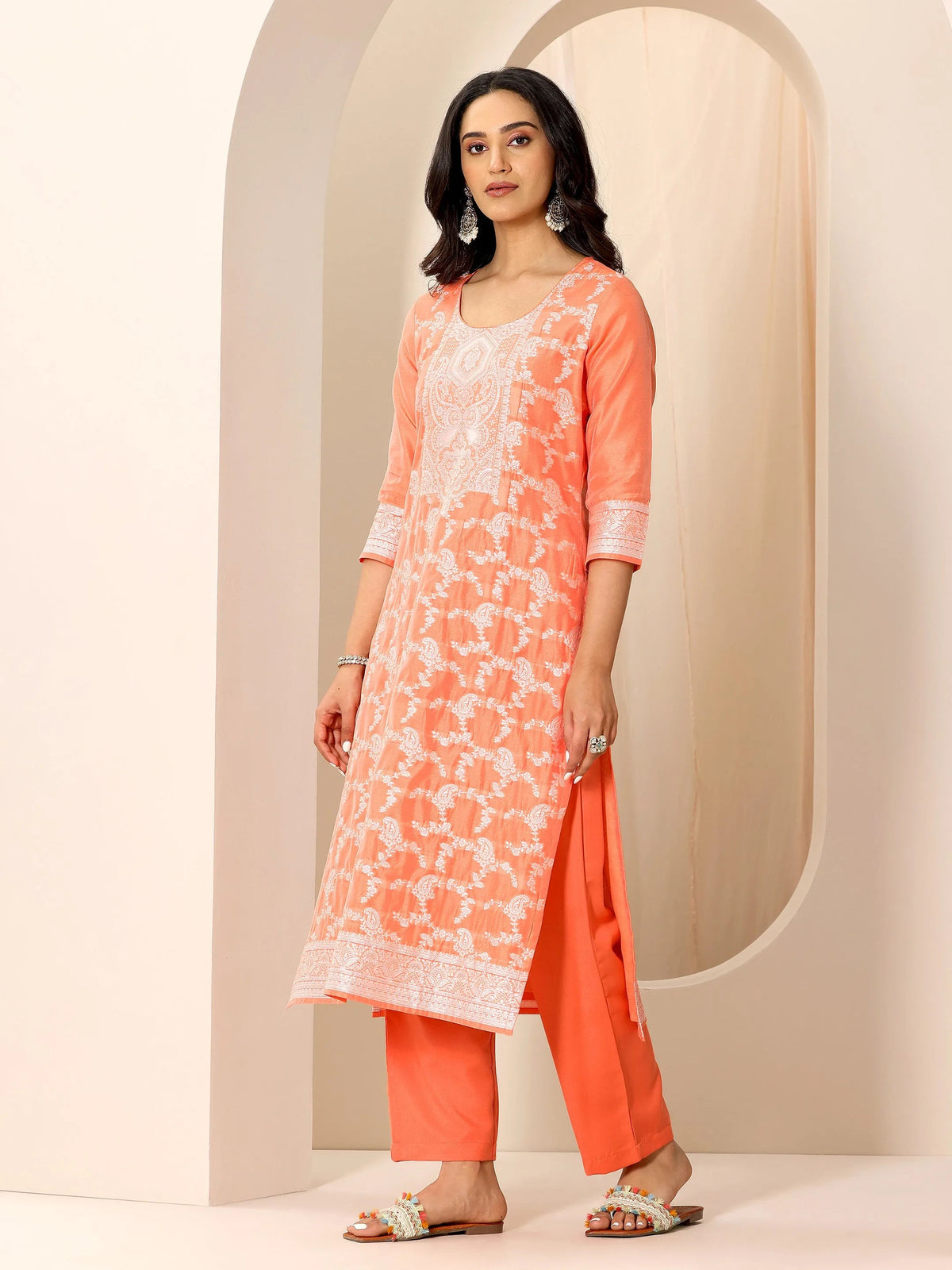Libas Orange Woven Design Chanderi Silk Straight Suit Set With Dupatta