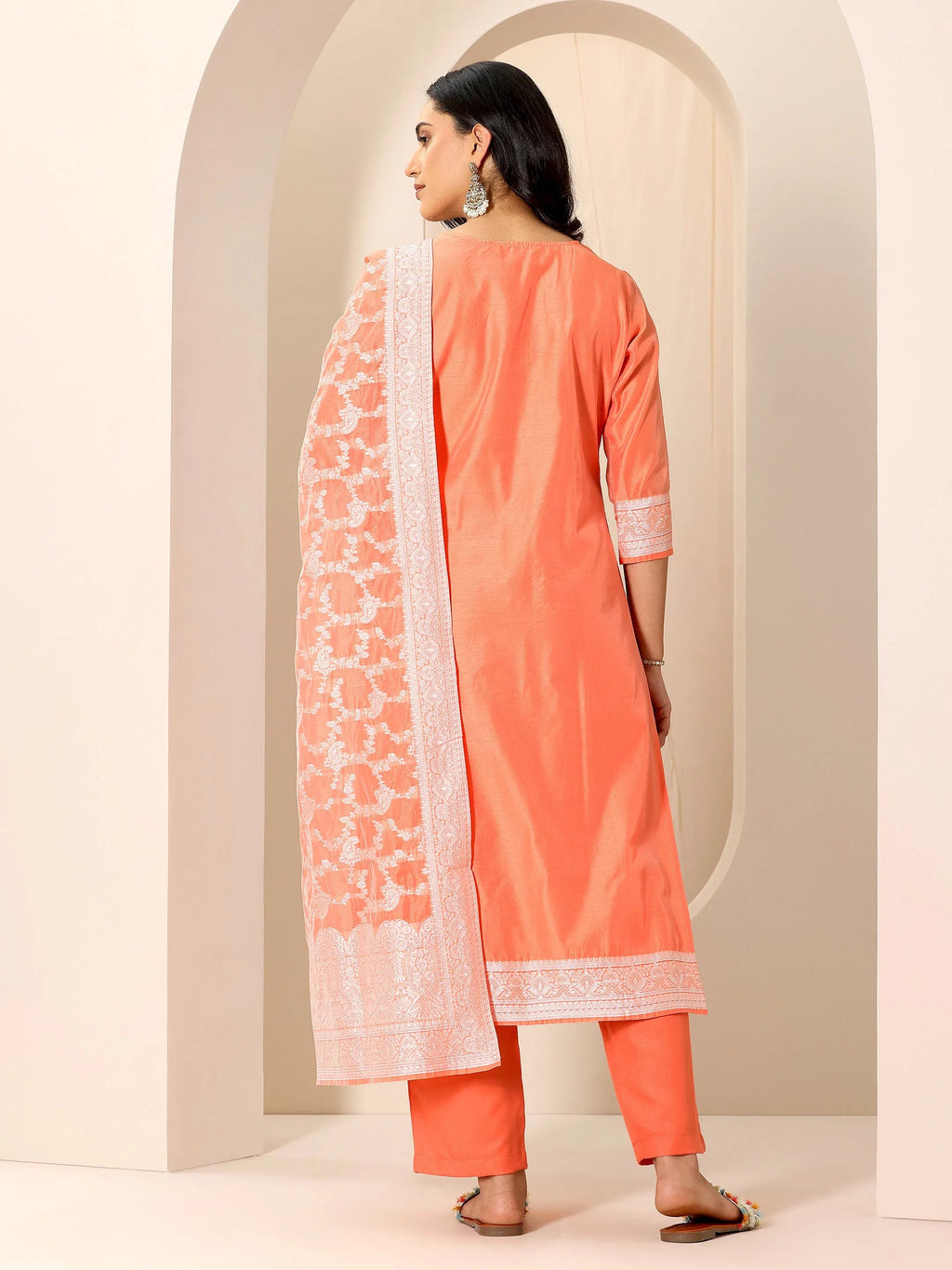 Libas Orange Woven Design Chanderi Silk Straight Suit Set With Dupatta