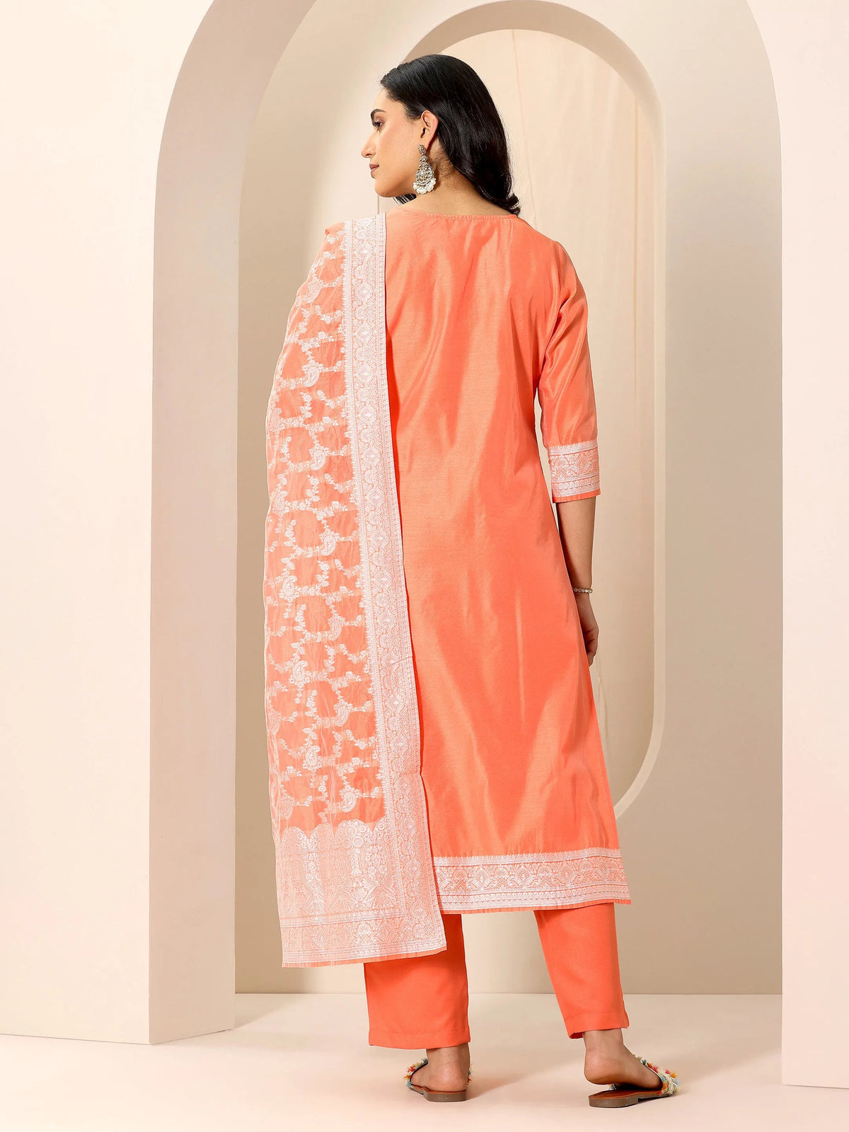 Libas Orange Woven Design Chanderi Silk Straight Suit Set With Dupatta