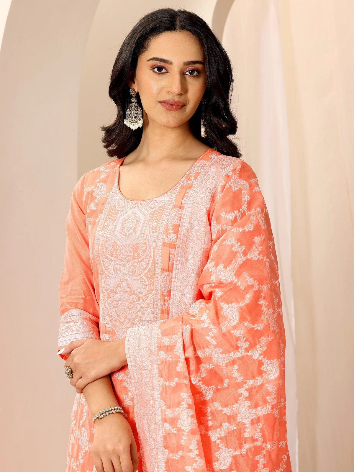 Libas Orange Woven Design Chanderi Silk Straight Suit Set With Dupatta