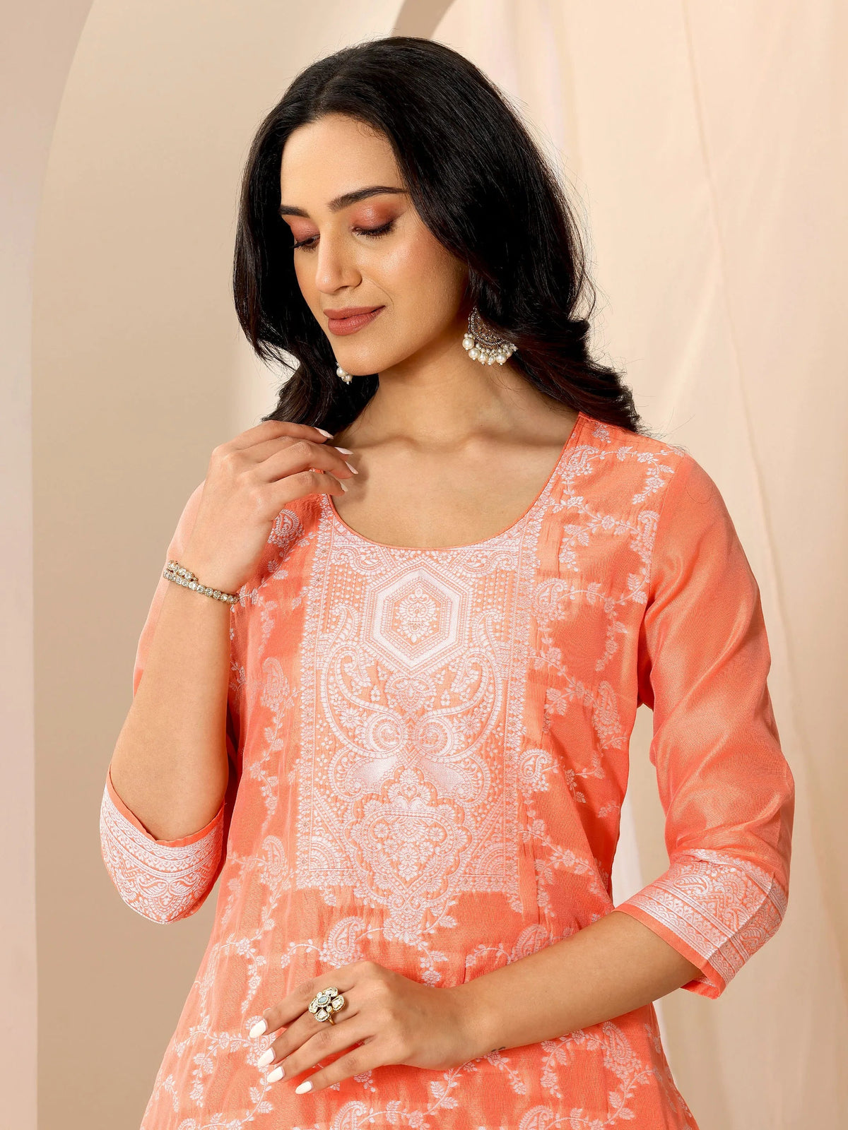 Libas Orange Woven Design Chanderi Silk Straight Suit Set With Dupatta