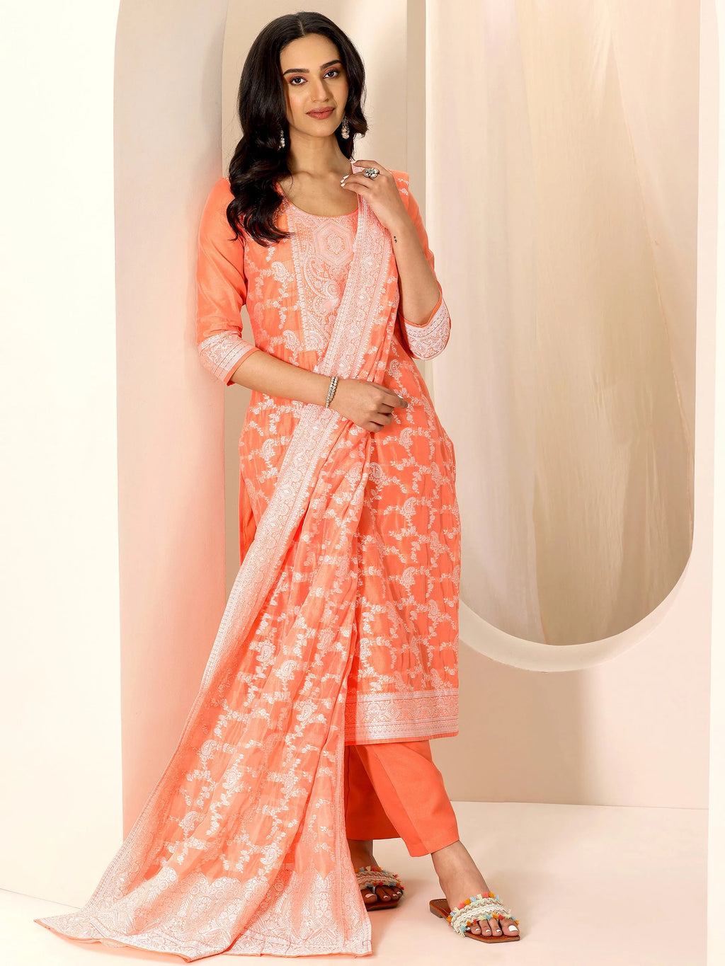 Libas Orange Woven Design Chanderi Silk Straight Suit Set With Dupatta
