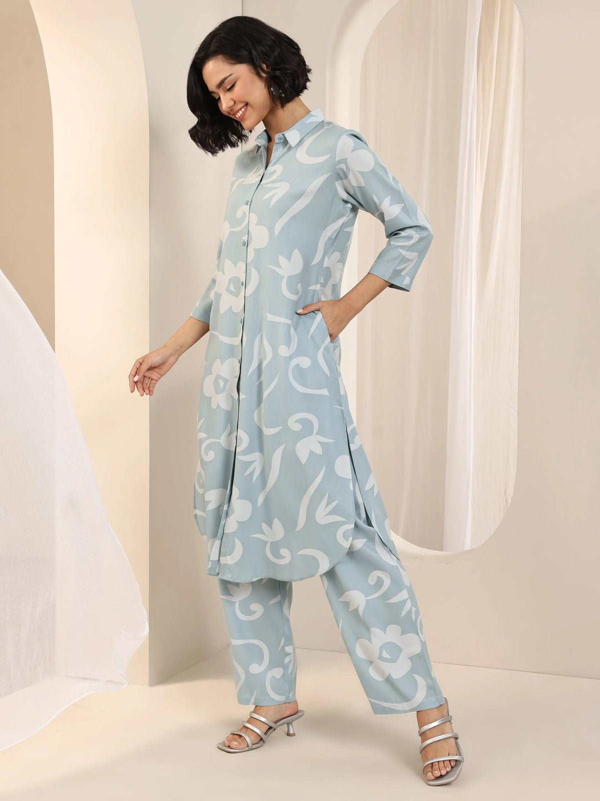 Libas Blue Printed Rayon Straight Kurta Set