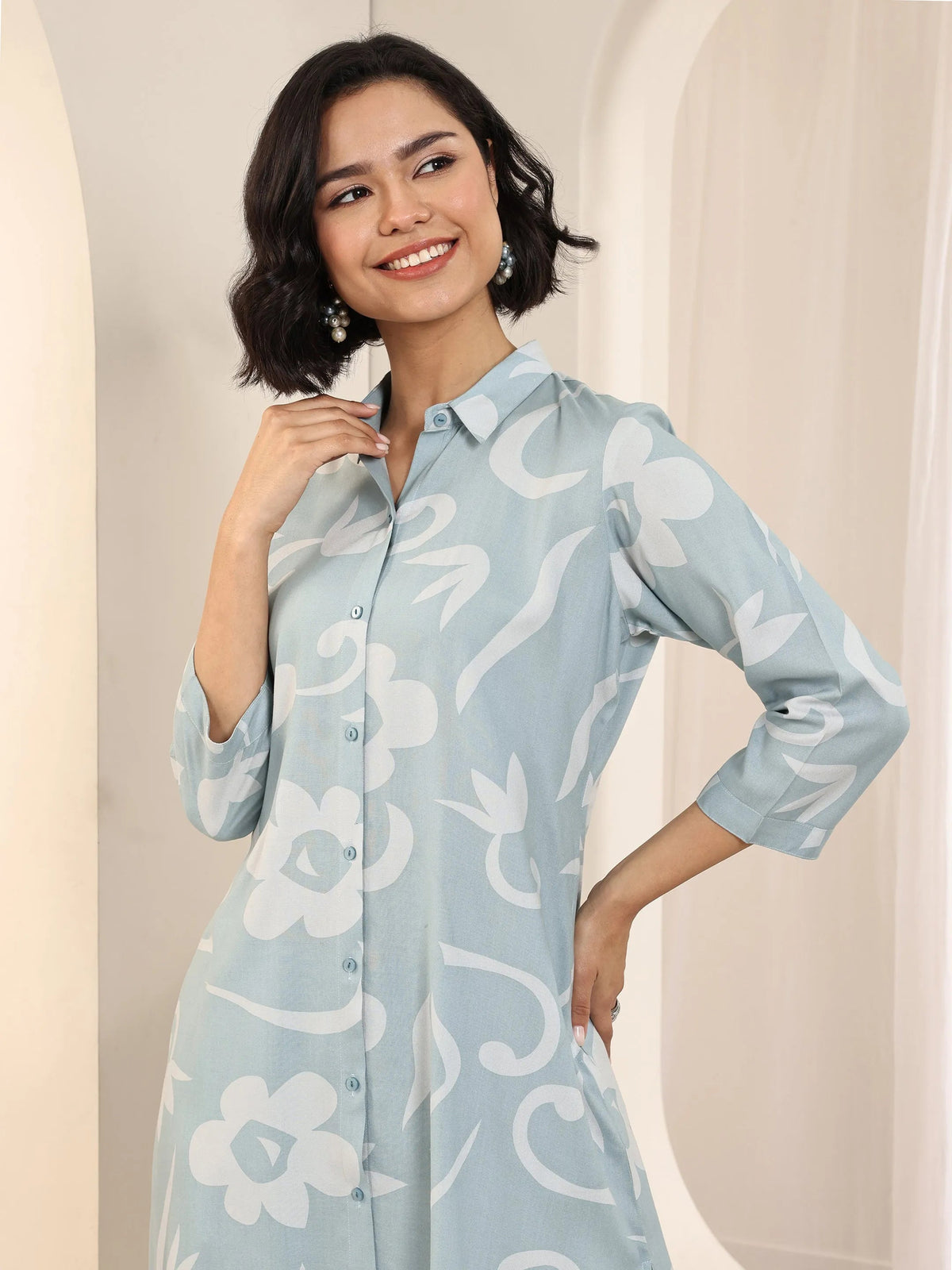 Libas Blue Printed Rayon Straight Kurta Set