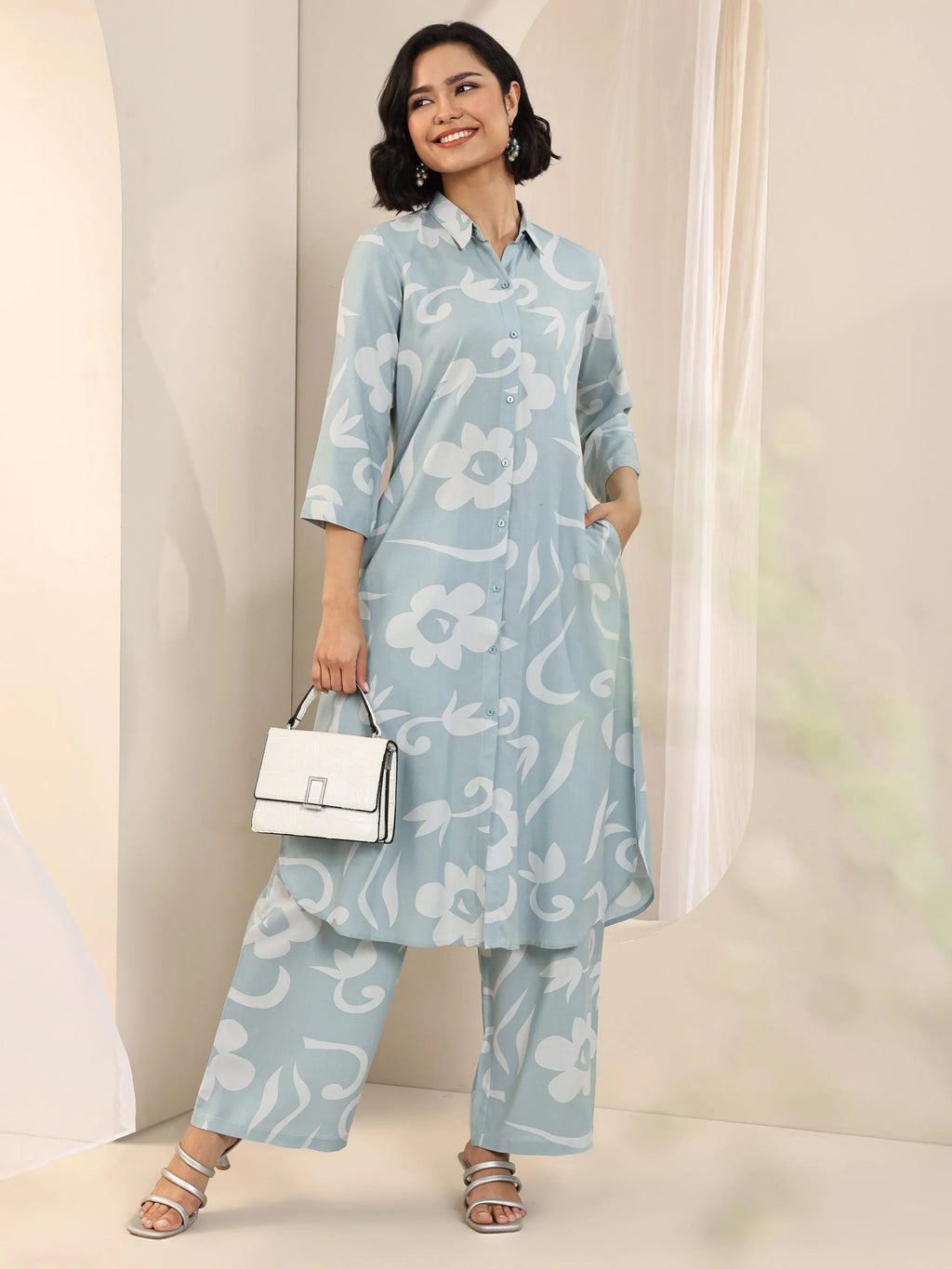 Libas Blue Printed Rayon Straight Kurta Set