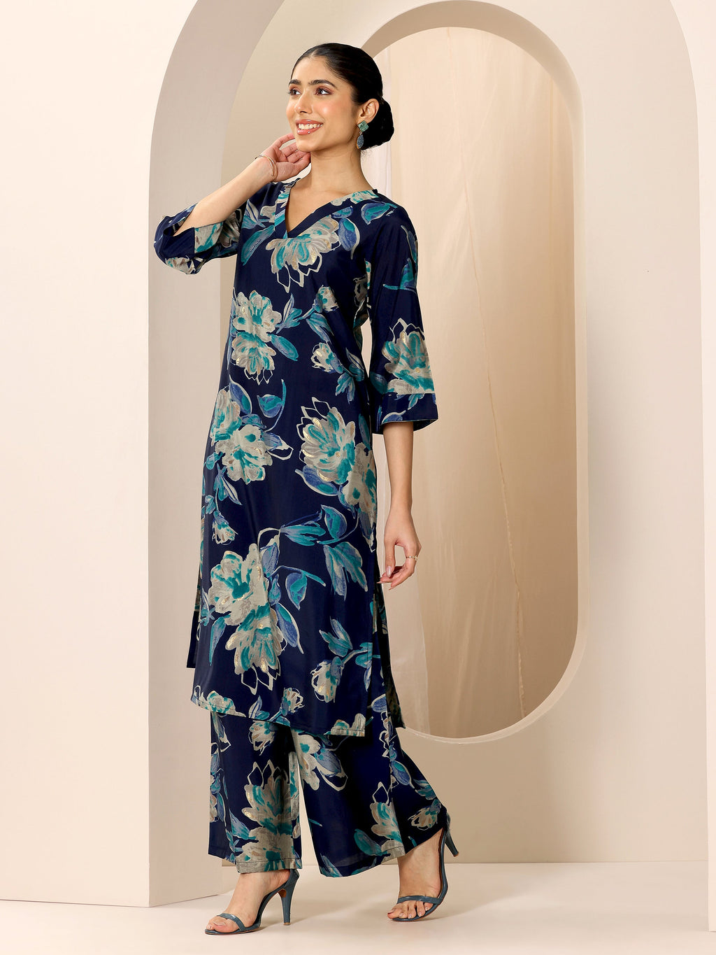 Libas Blue Printed Silk Blend Straight Kurta Set