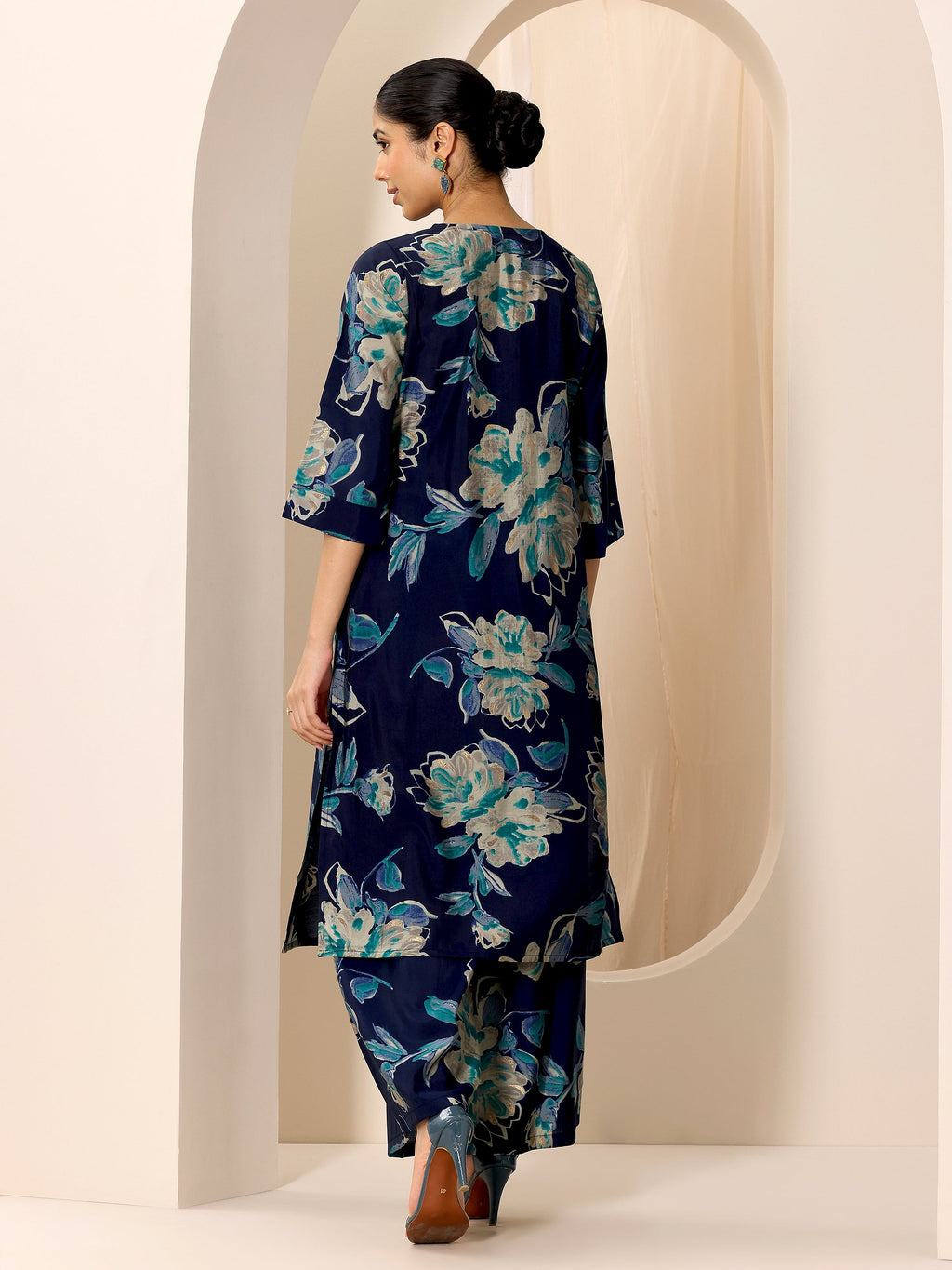 Libas Blue Printed Silk Blend Straight Kurta Set