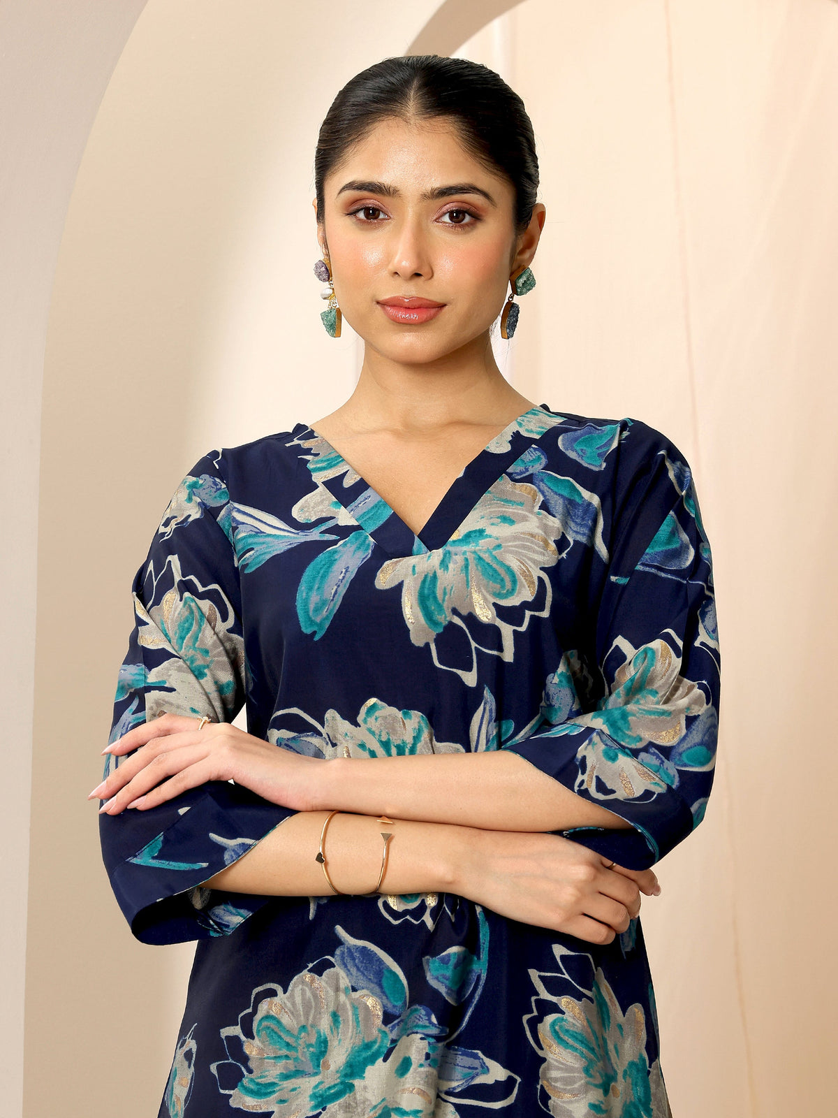 Libas Blue Printed Silk Blend Straight Kurta Set