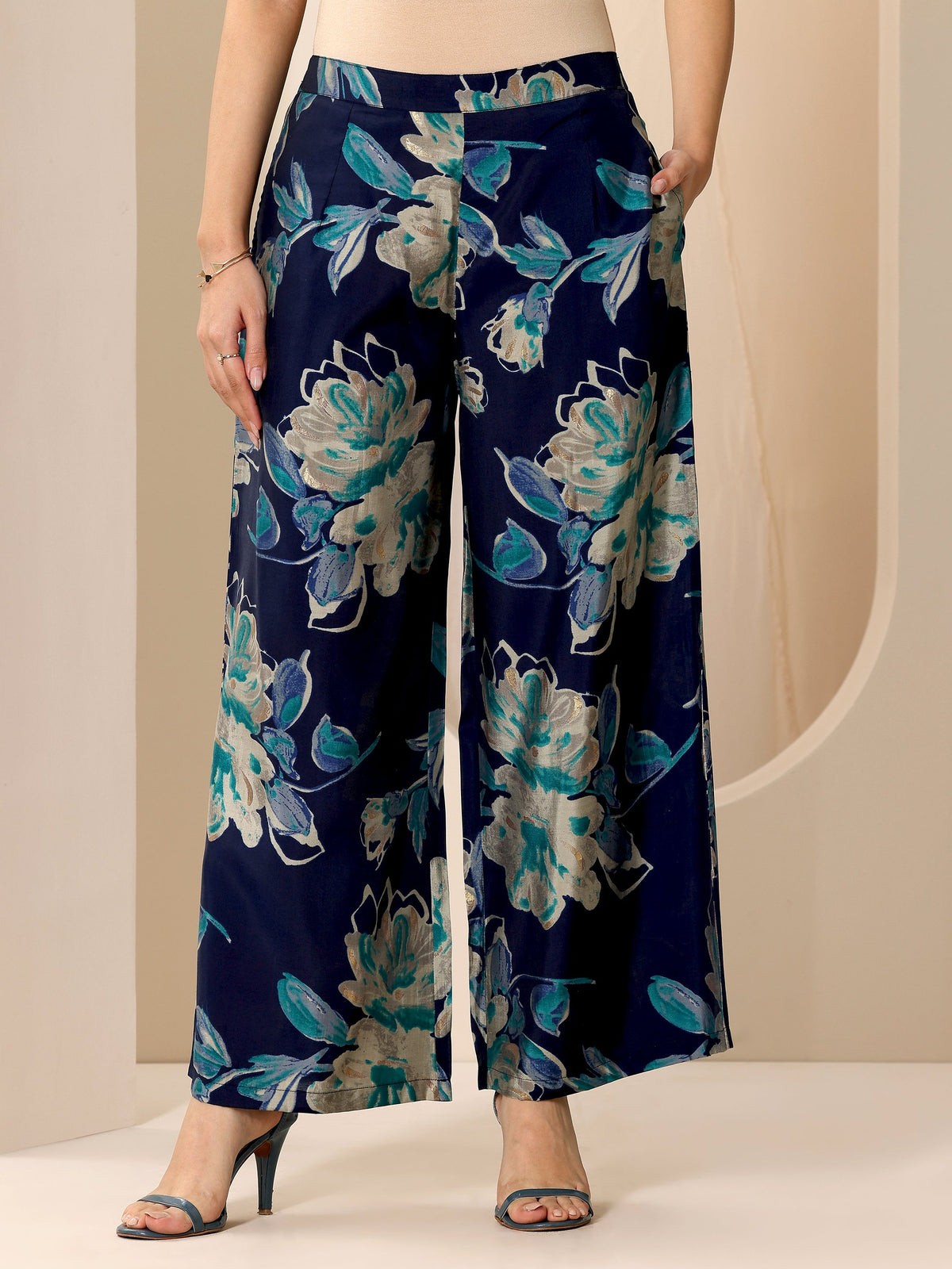 Libas Blue Printed Silk Blend Straight Kurta Set