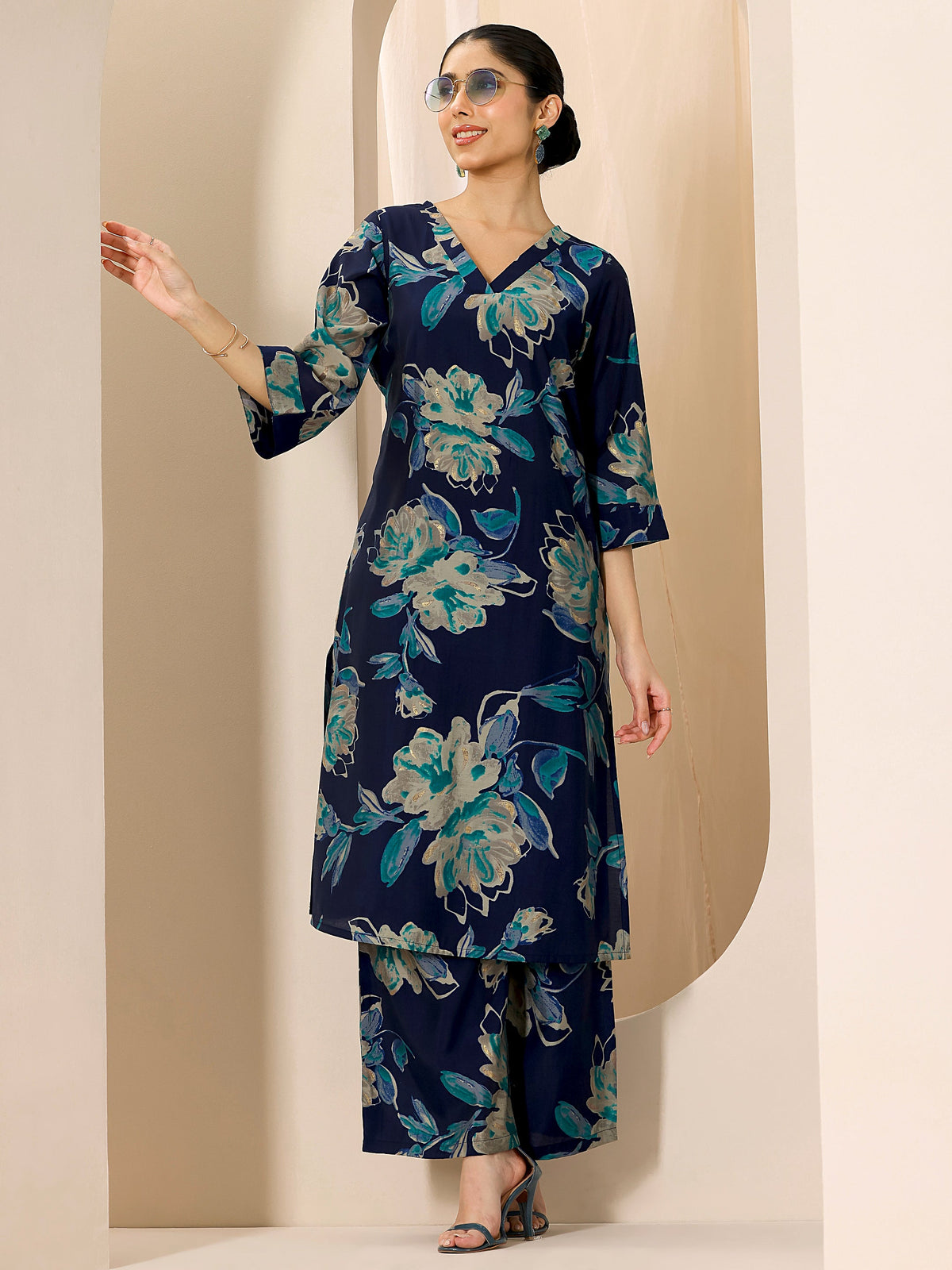 Libas Blue Printed Silk Blend Straight Kurta Set