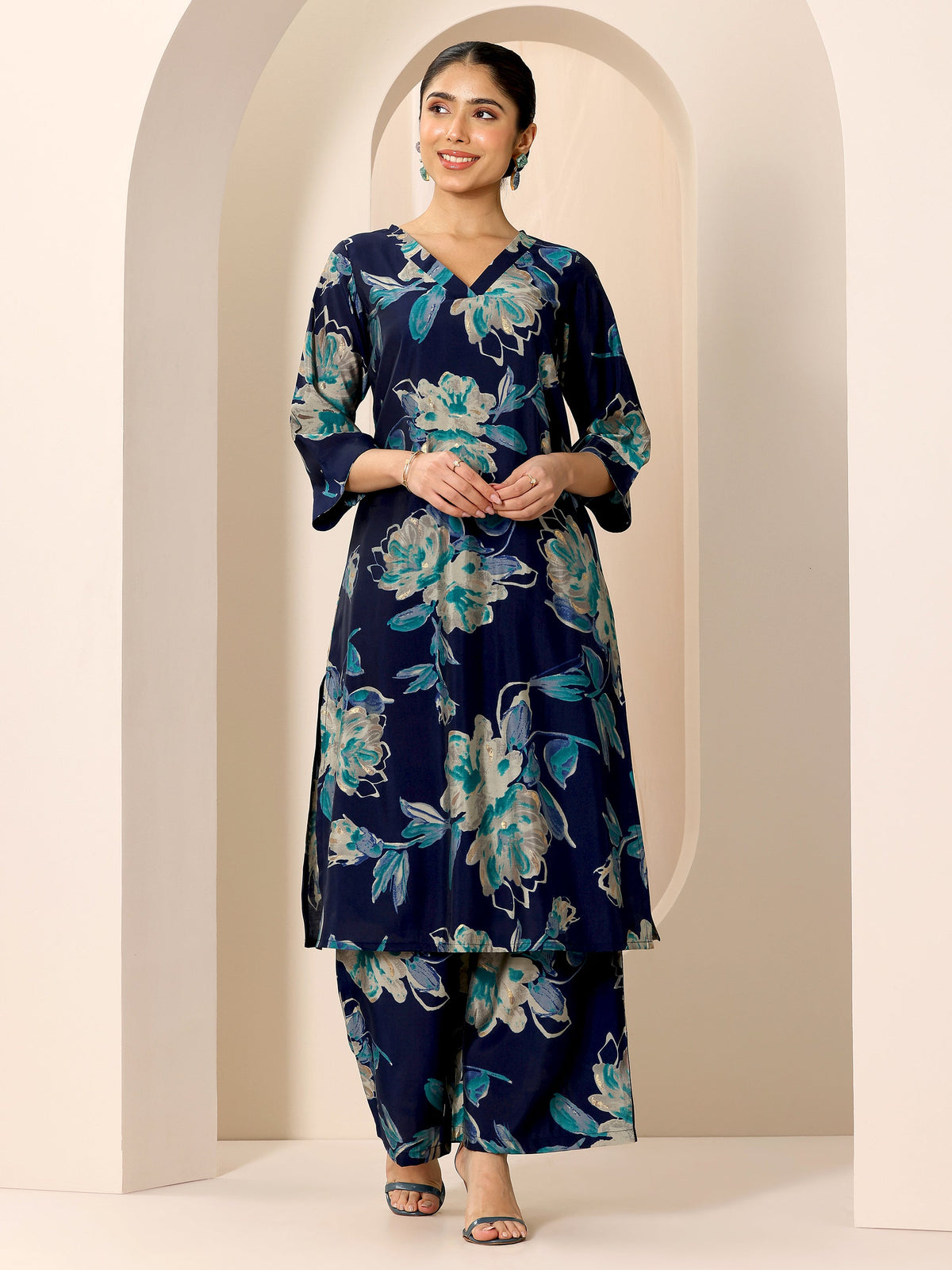 Libas Blue Printed Silk Blend Straight Kurta Set
