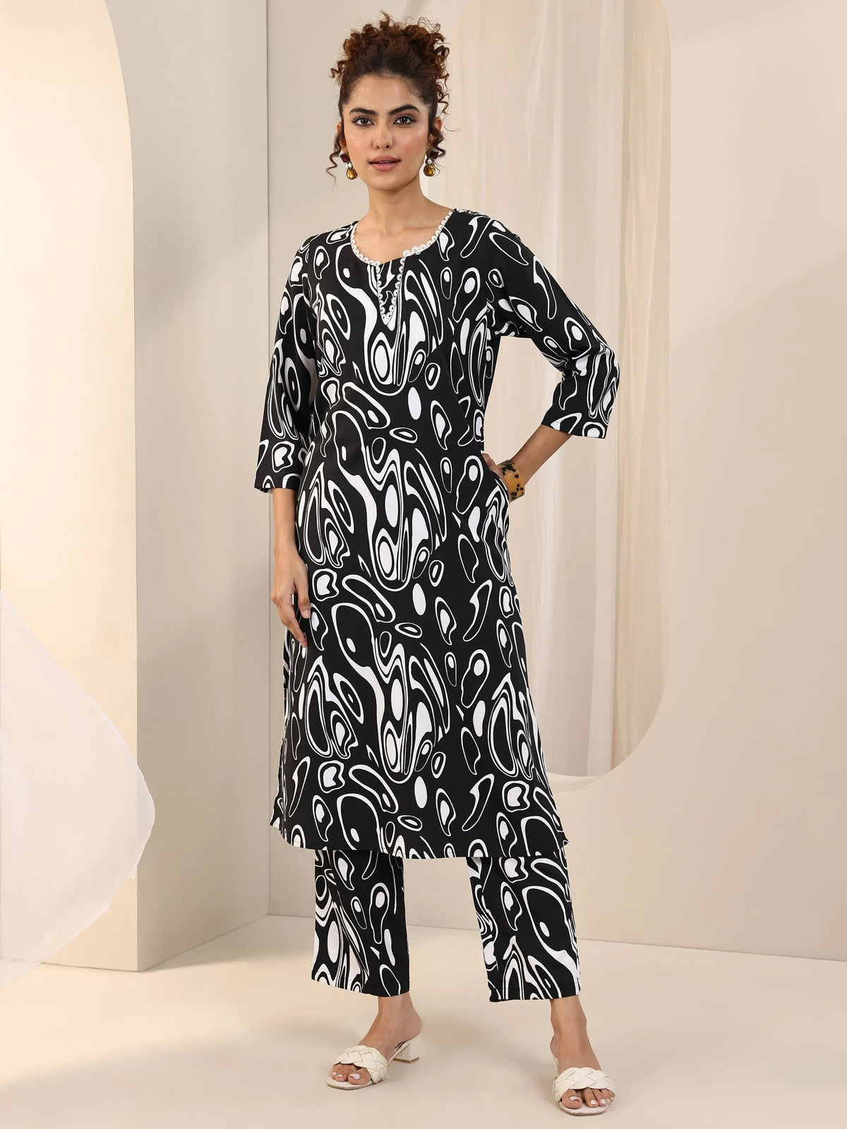 Libas Black Printed Silk Blend Straight Kurta Set