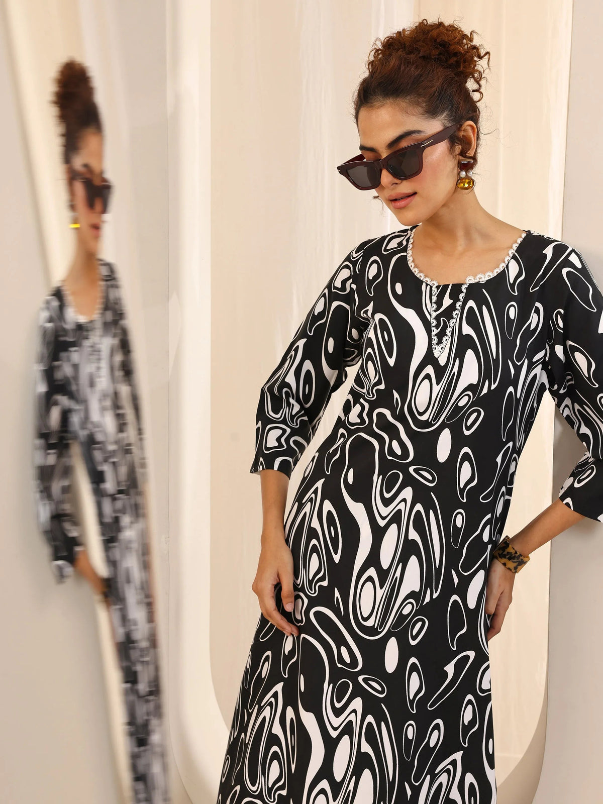 Libas Black Printed Silk Blend Straight Kurta Set
