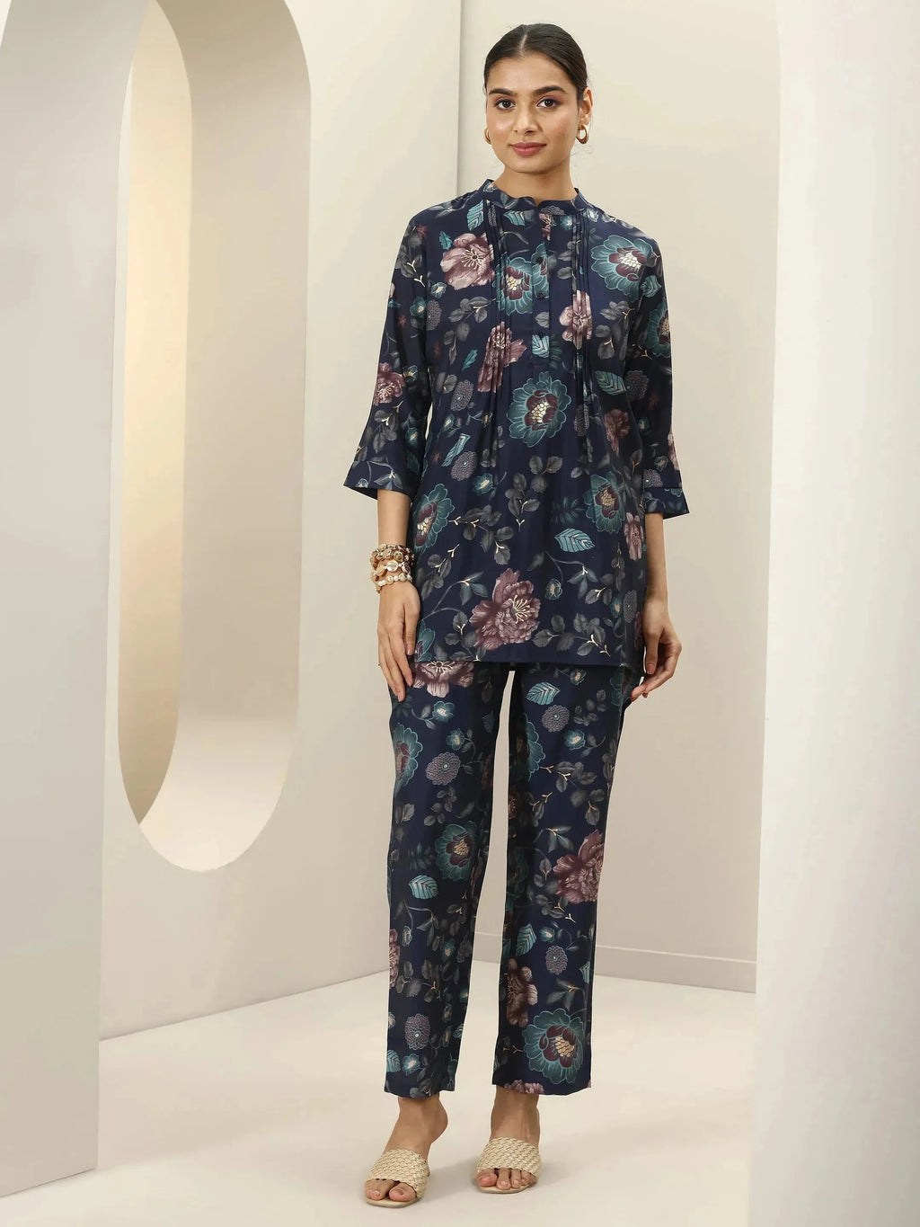 Libas Blue Printed Silk Blend Co-Ord Sets