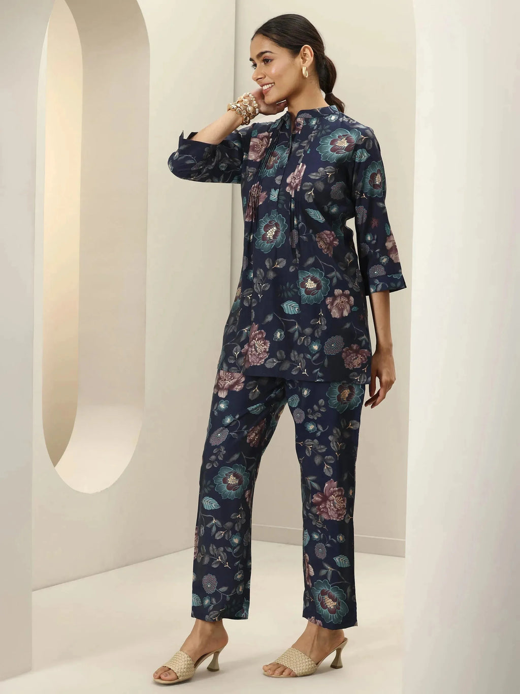 Libas Blue Printed Silk Blend Co-Ord Sets