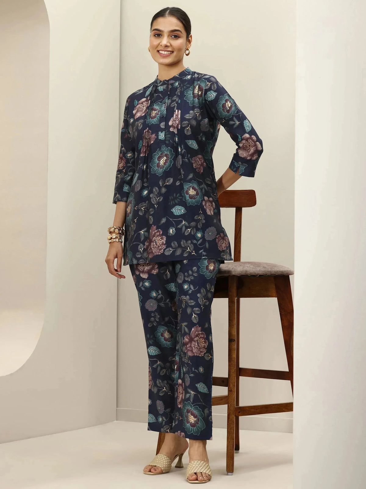 Libas Blue Printed Silk Blend Co-Ord Sets