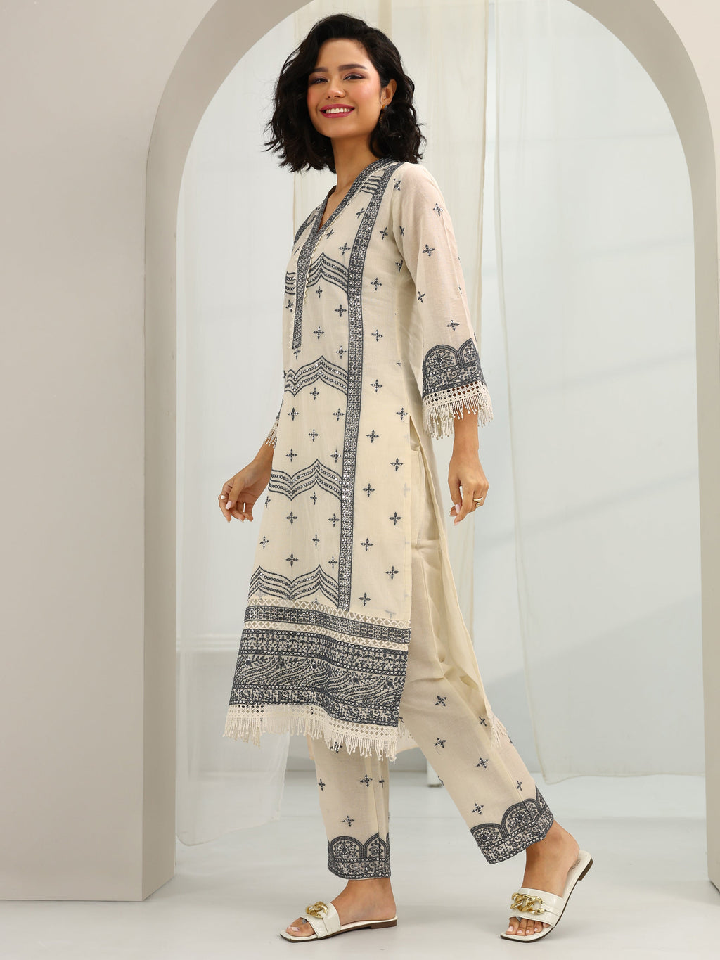 Libas Off White Embroidered Cotton Straight Suit Set With Dupatta