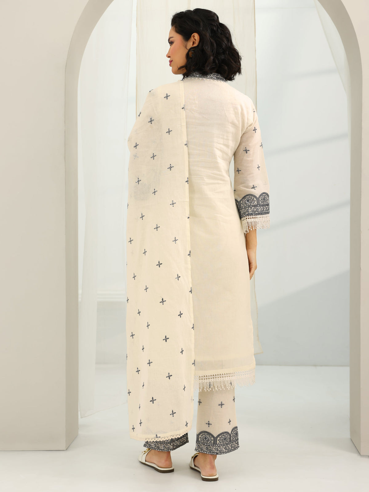 Libas Off White Embroidered Cotton Straight Suit Set With Dupatta