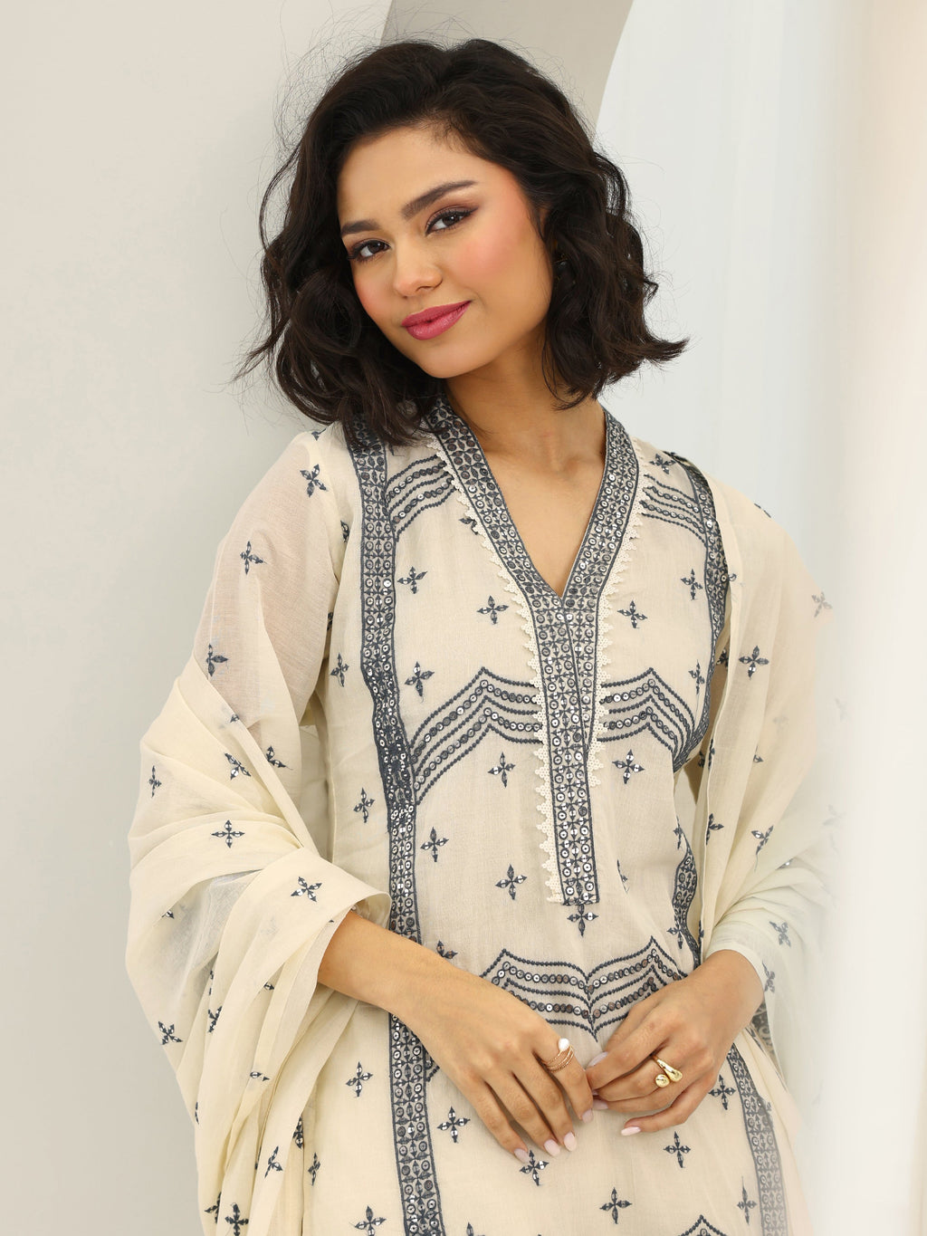 Libas Off White Embroidered Cotton Straight Suit Set With Dupatta
