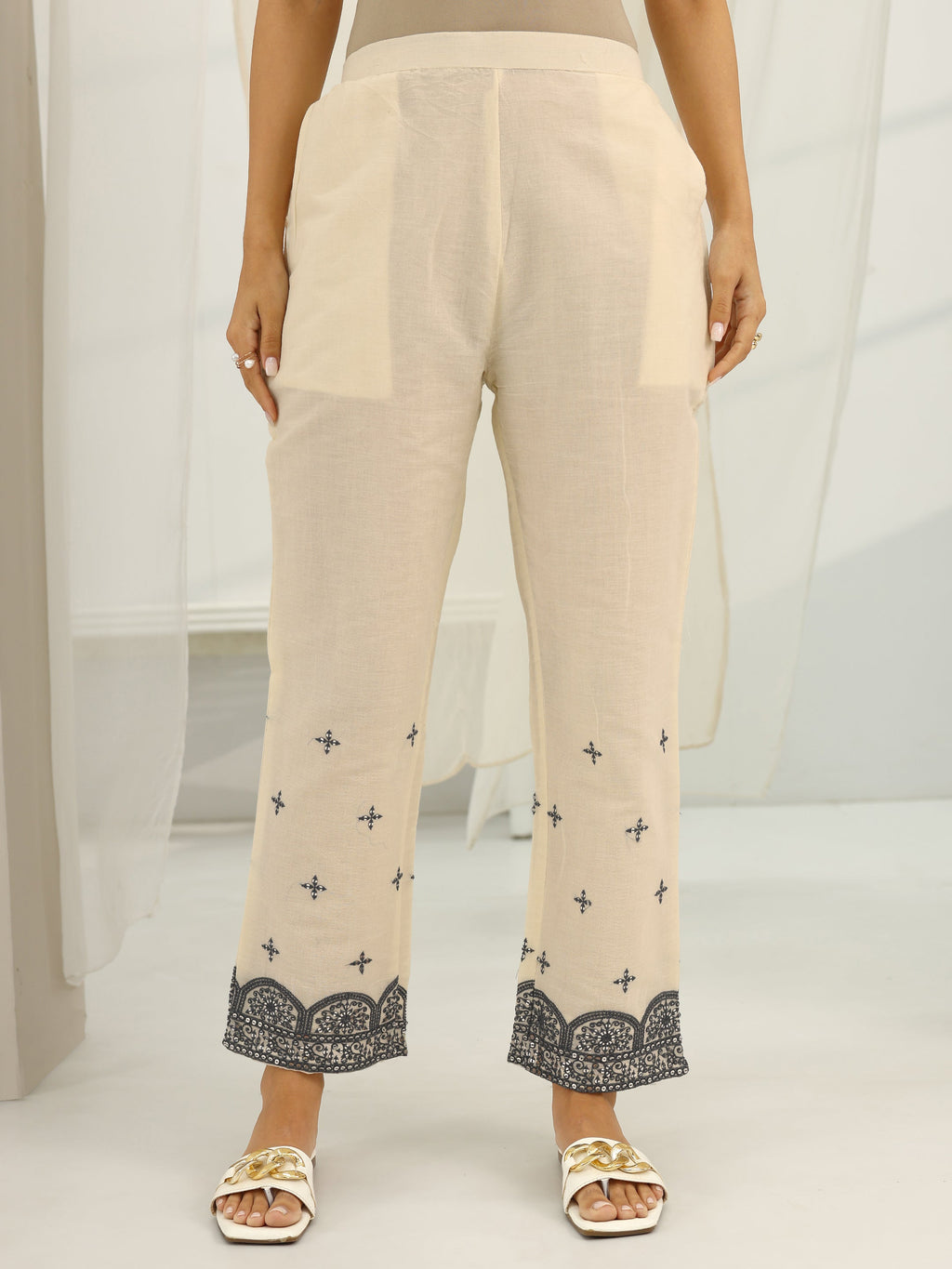 Libas Off White Embroidered Cotton Straight Suit Set With Dupatta