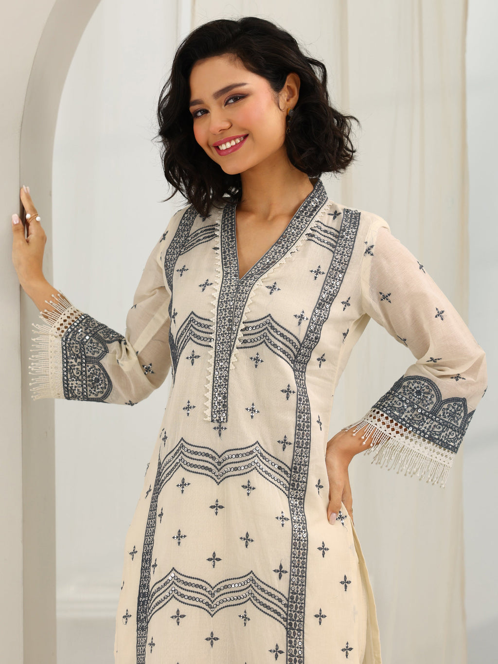 Libas Off White Embroidered Cotton Straight Suit Set With Dupatta