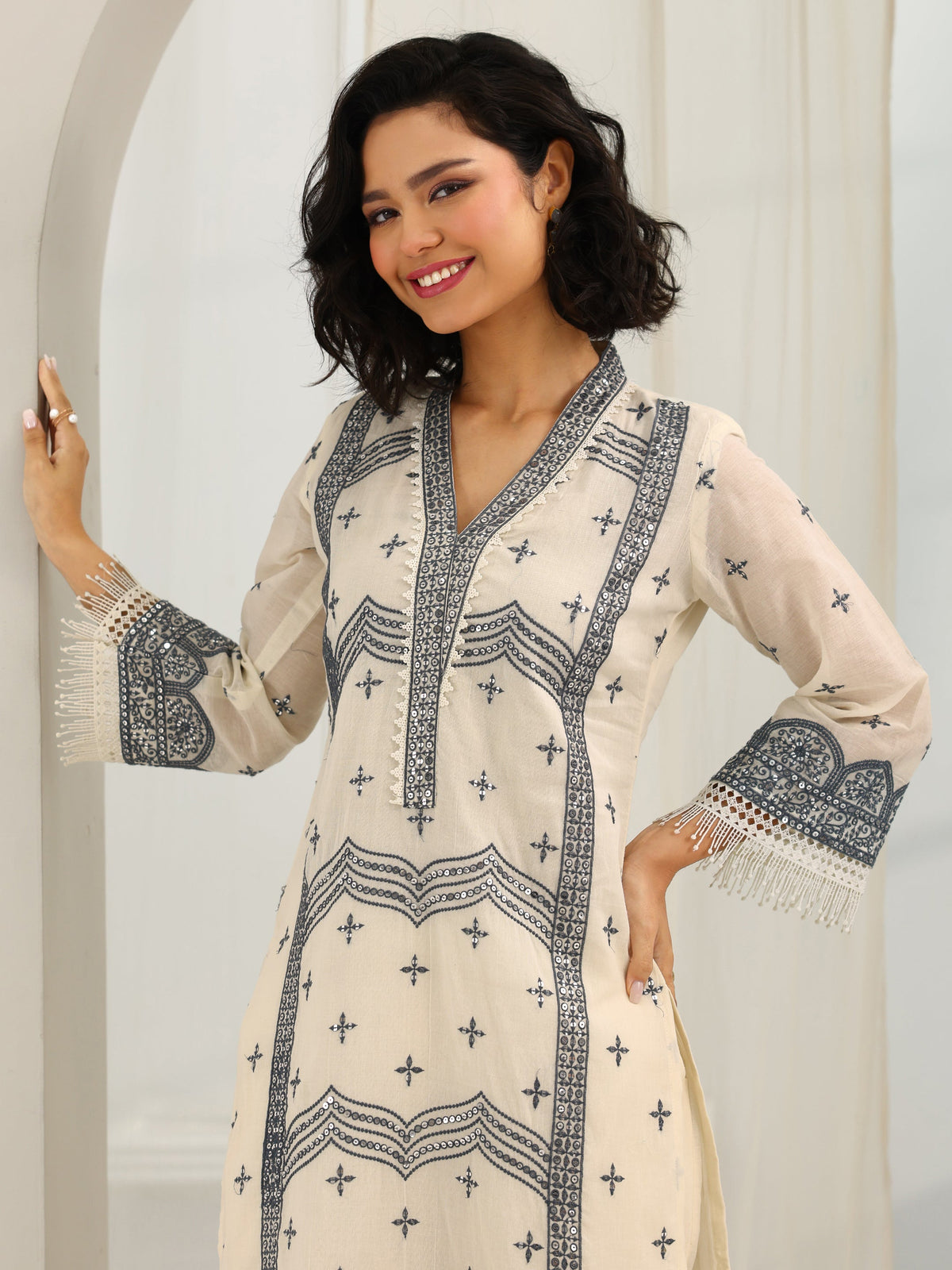 Libas Off White Embroidered Cotton Straight Suit Set With Dupatta