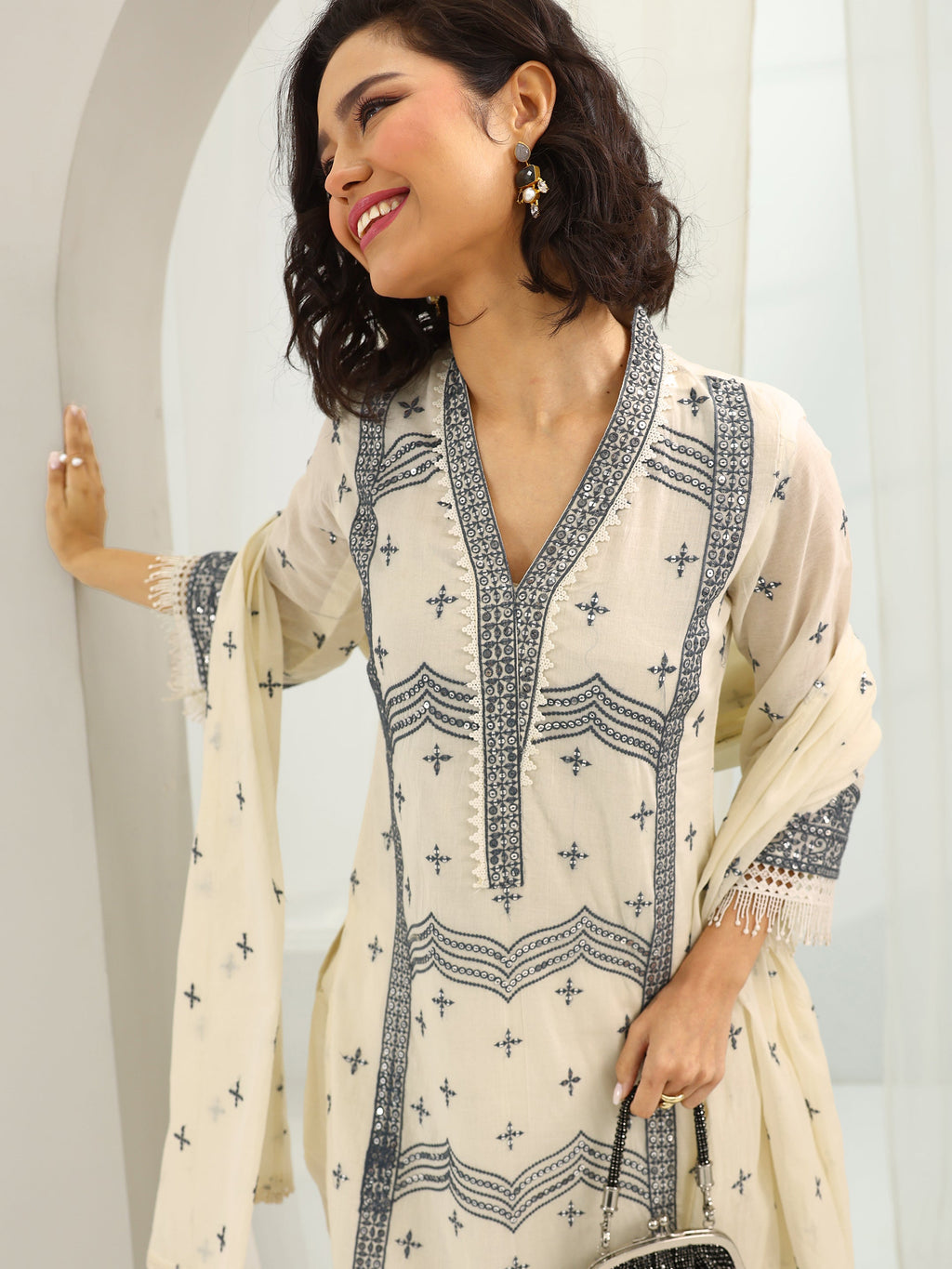 Libas Off White Embroidered Cotton Straight Suit Set With Dupatta