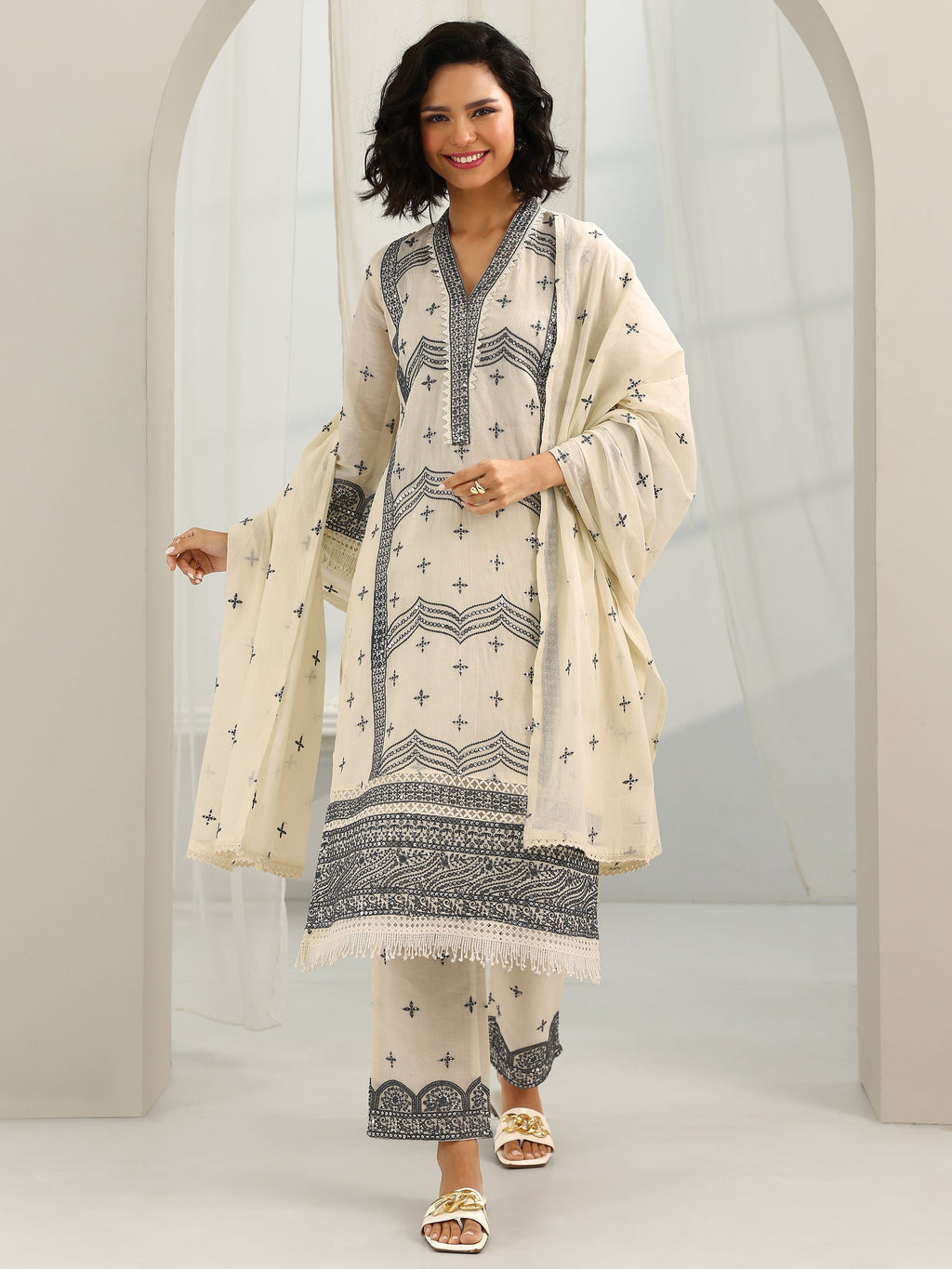 Libas Off White Embroidered Cotton Straight Suit Set With Dupatta