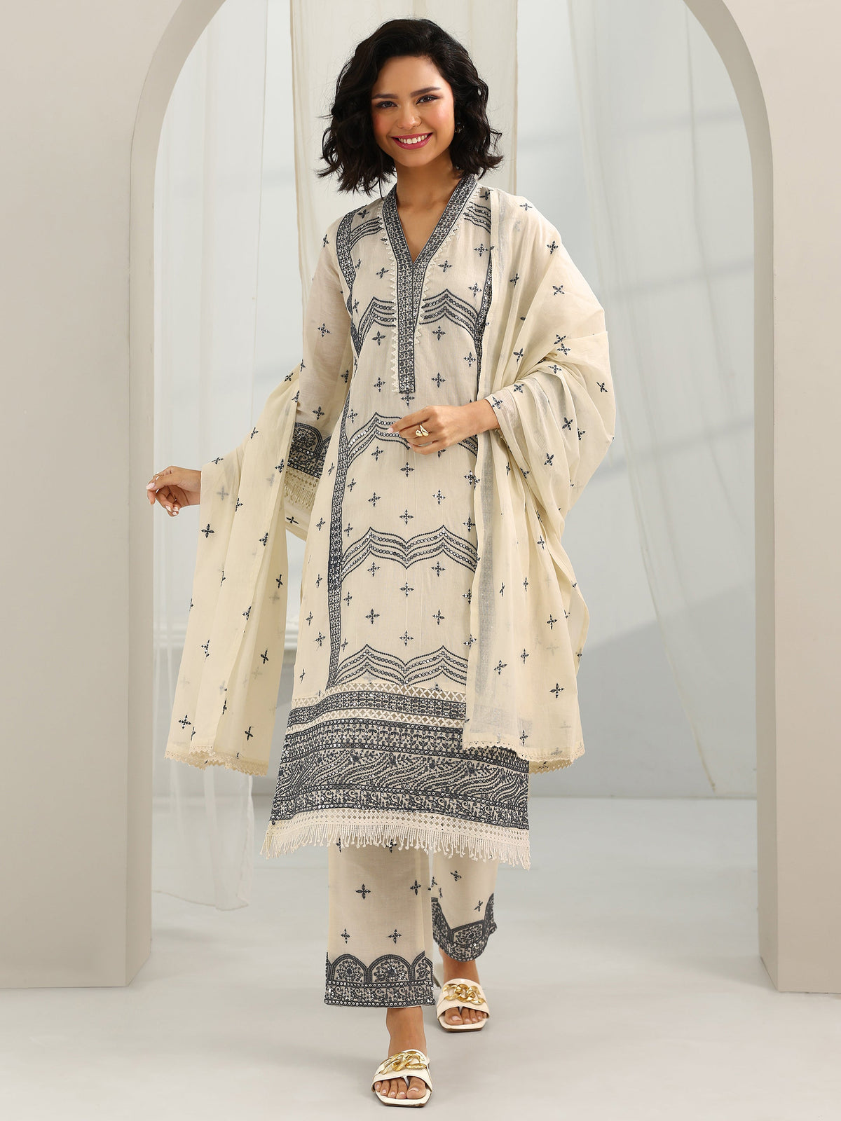 Libas Off White Embroidered Cotton Straight Suit Set With Dupatta