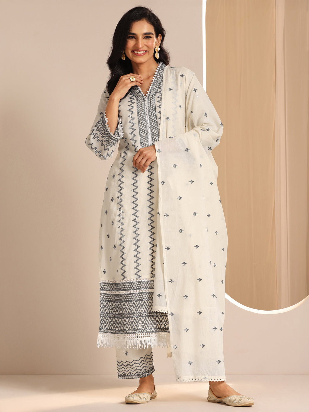 Libas Off White Embroidered Cotton Straight Suit Set With Dupatta