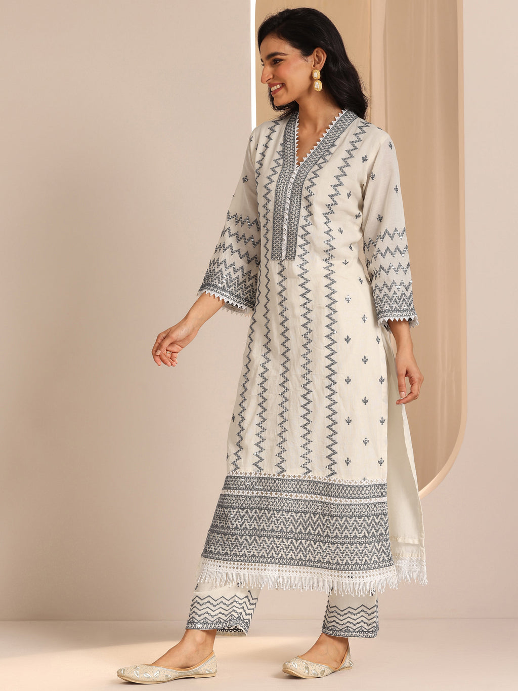 Libas Off White Embroidered Cotton Straight Suit Set With Dupatta