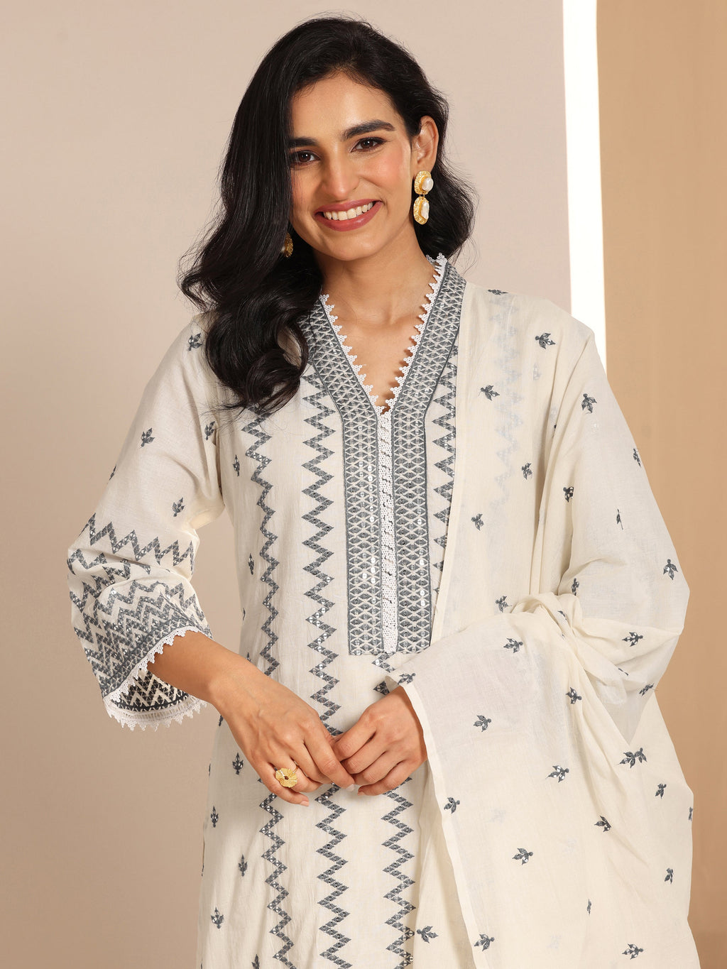 Libas Off White Embroidered Cotton Straight Suit Set With Dupatta