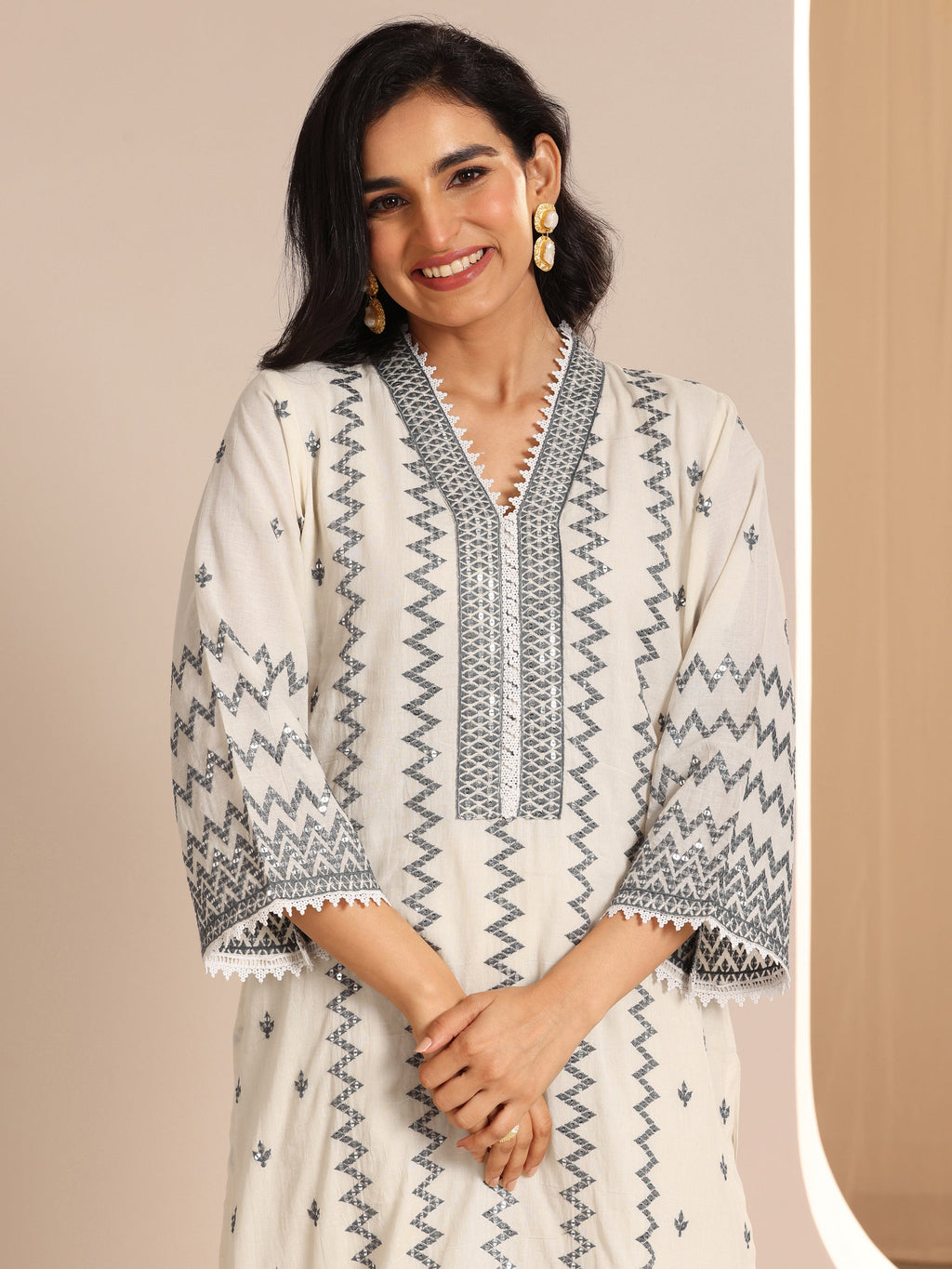 Libas Off White Embroidered Cotton Straight Suit Set With Dupatta