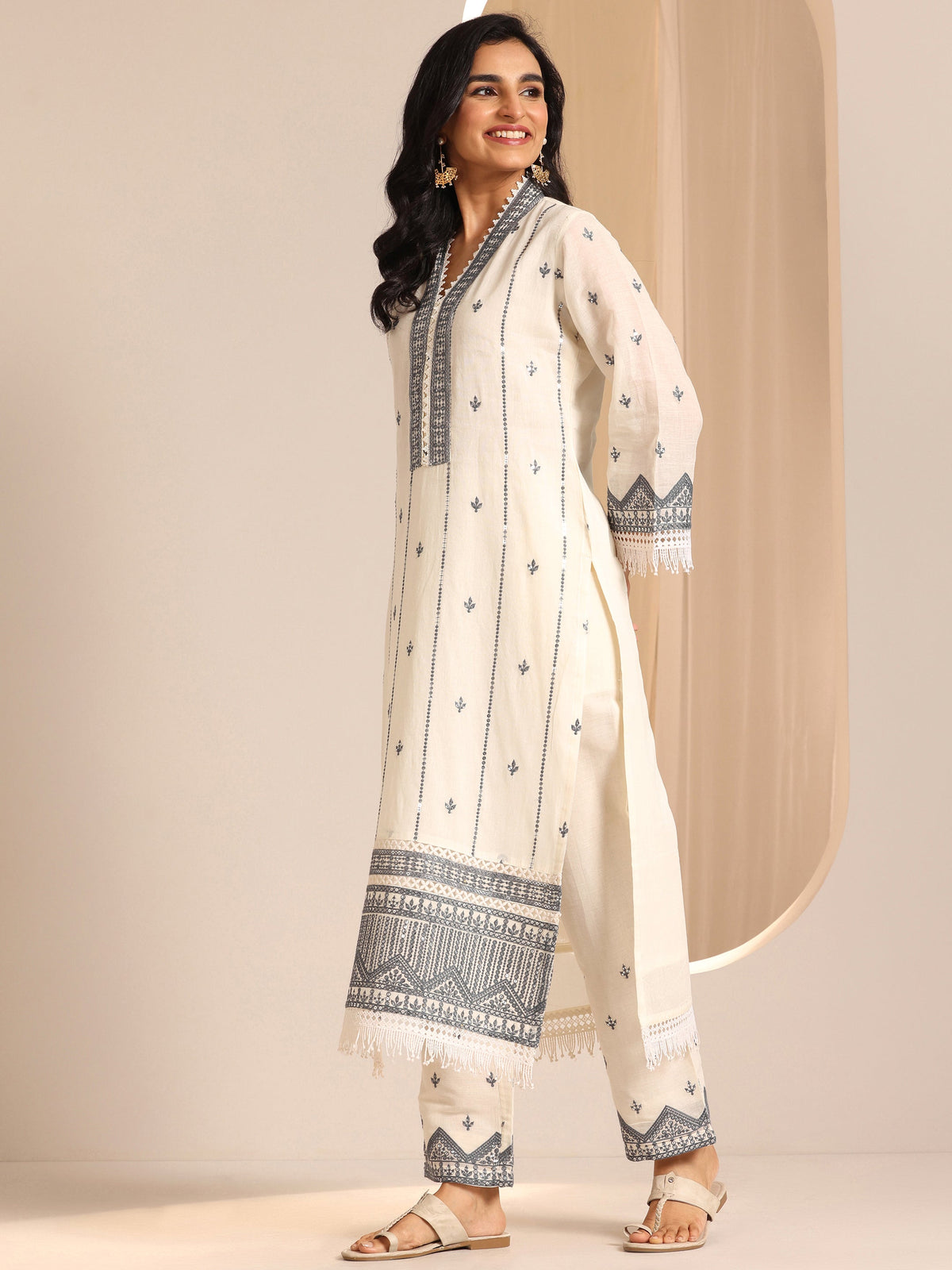 Libas Off White Embroidered  Straight Suit Set With Dupatta