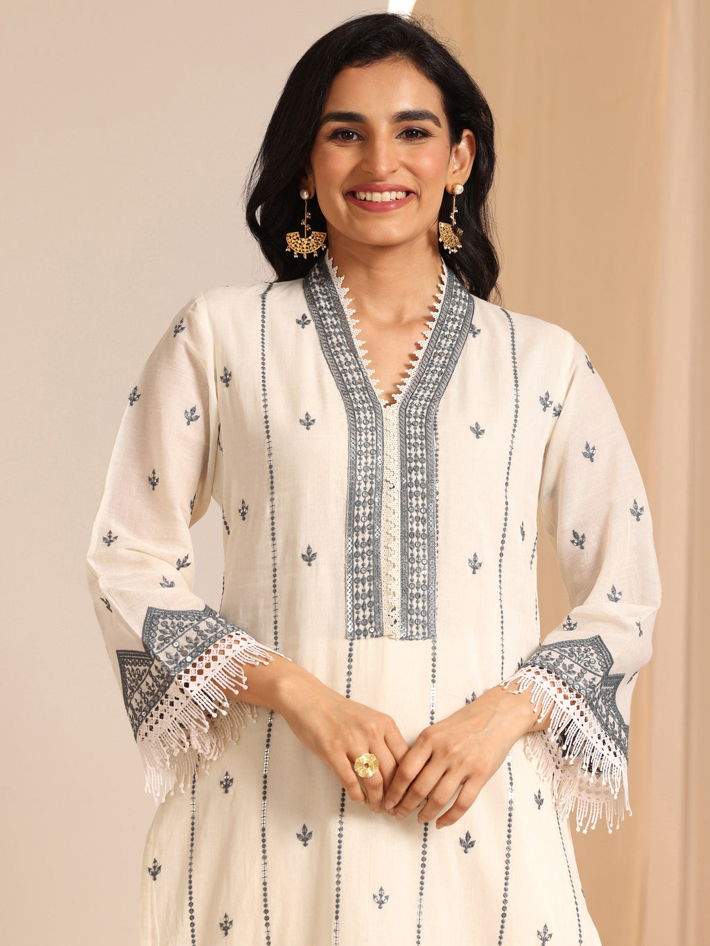 Libas Off White Embroidered  Straight Suit Set With Dupatta