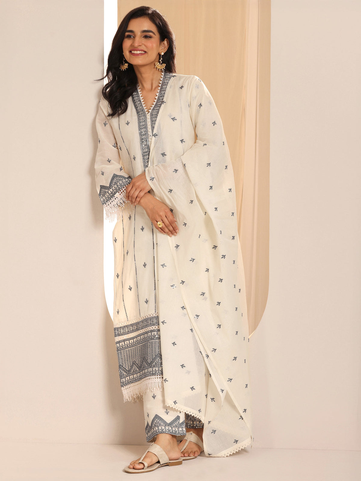Libas Off White Embroidered  Straight Suit Set With Dupatta