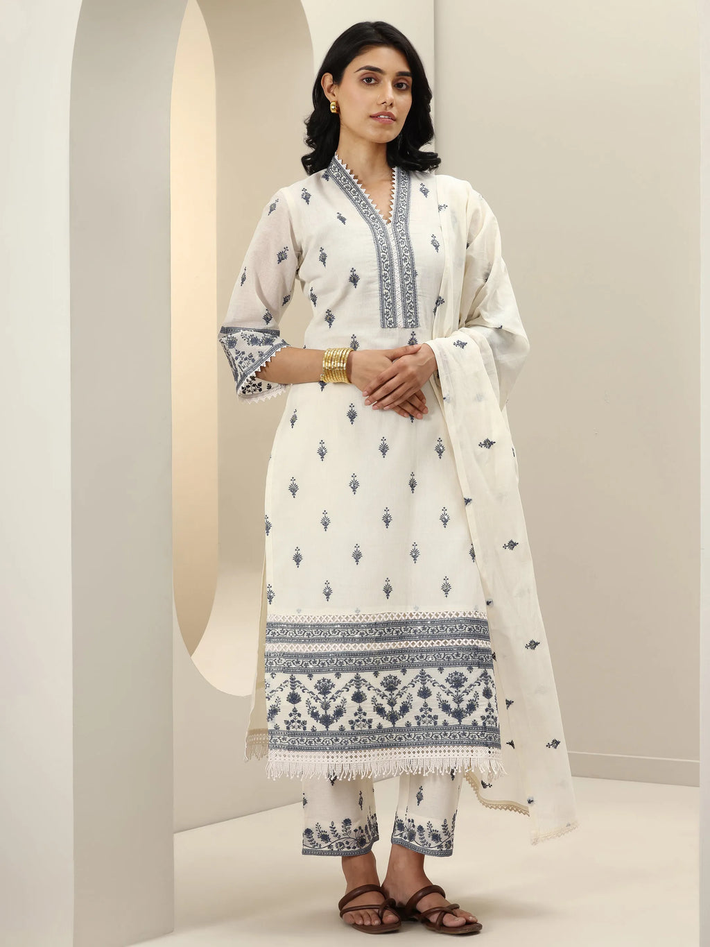 Libas Off White Embroidered Cotton Straight Suit Sets With Dupatta