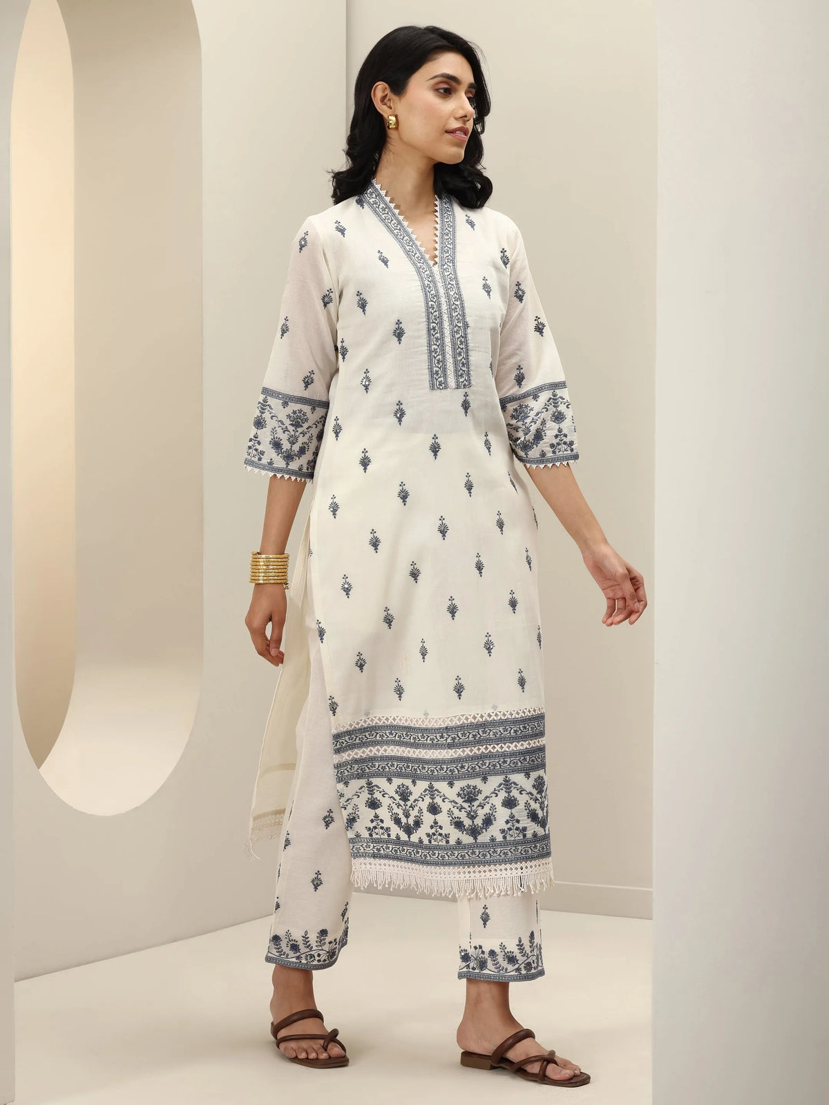 Libas Off White Embroidered Cotton Straight Suit Sets With Dupatta