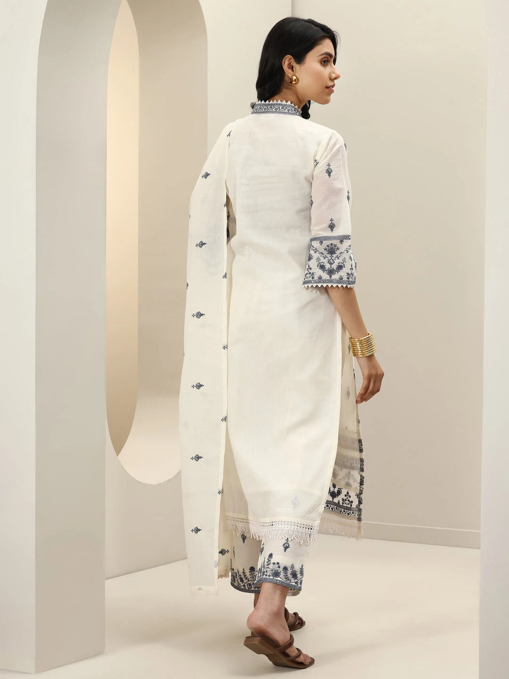 Libas Off White Embroidered Cotton Straight Suit Sets With Dupatta