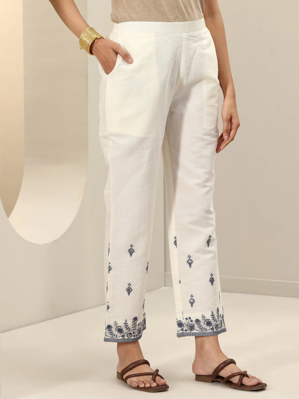 Libas Off White Embroidered Cotton Straight Suit Sets With Dupatta