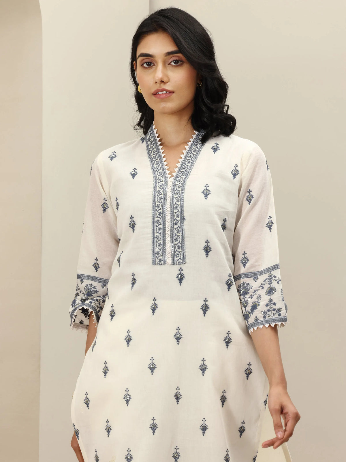 Libas Off White Embroidered Cotton Straight Suit Sets With Dupatta