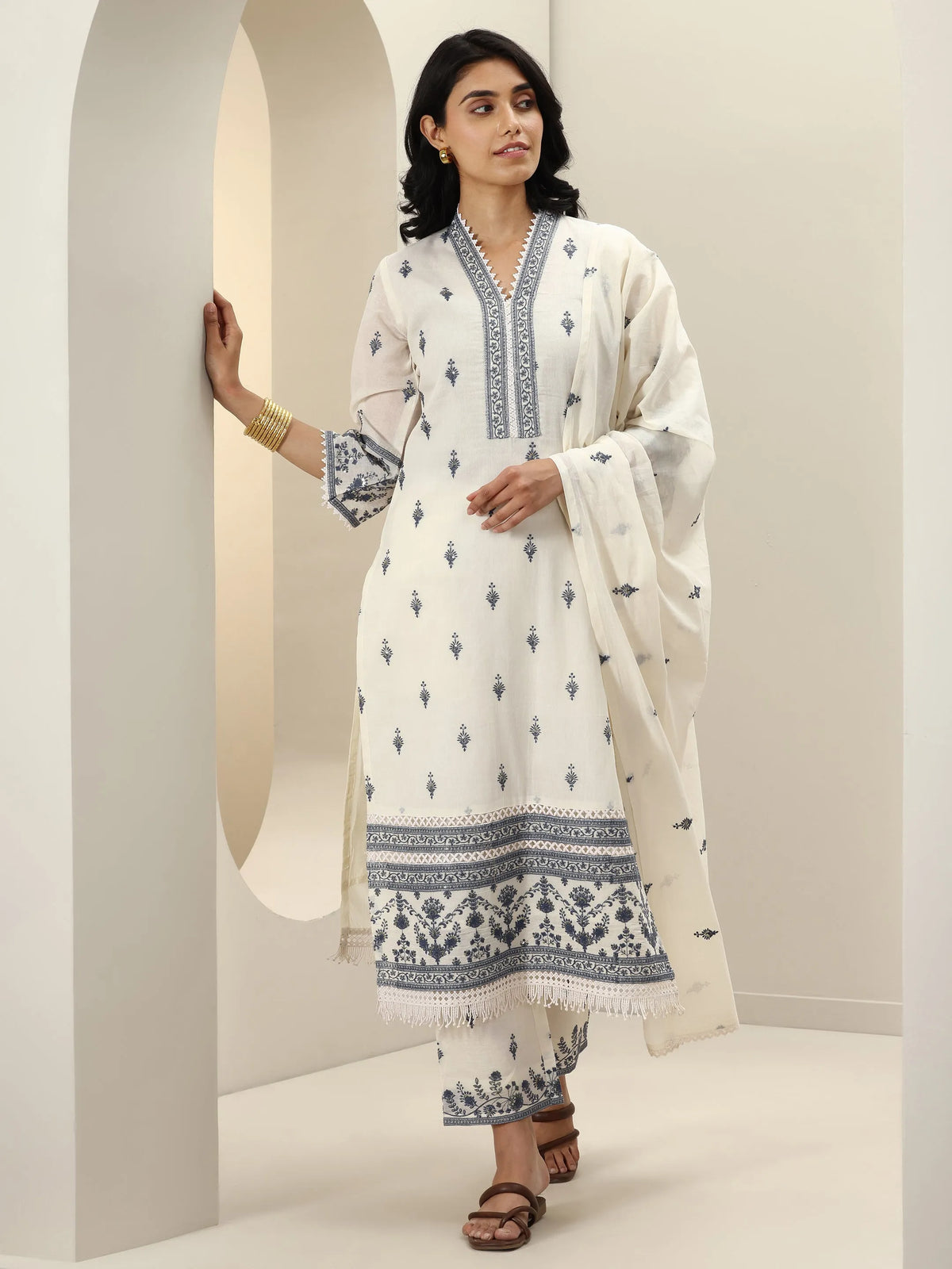 Libas Off White Embroidered Cotton Straight Suit Sets With Dupatta