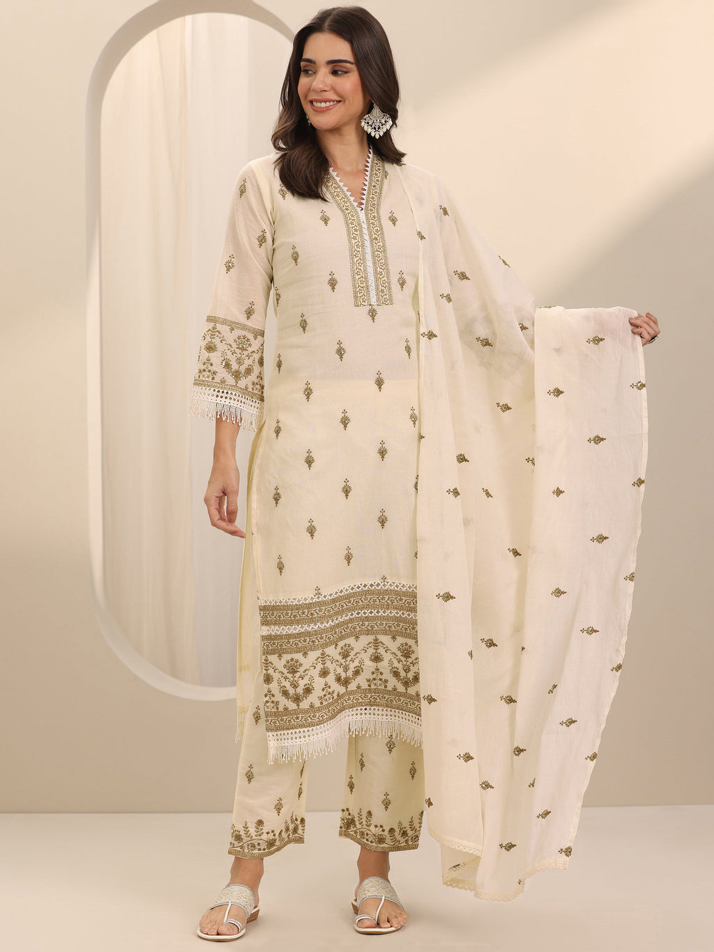 Libas Off White Embroidered Cotton Straight Suit Set With Dupatta