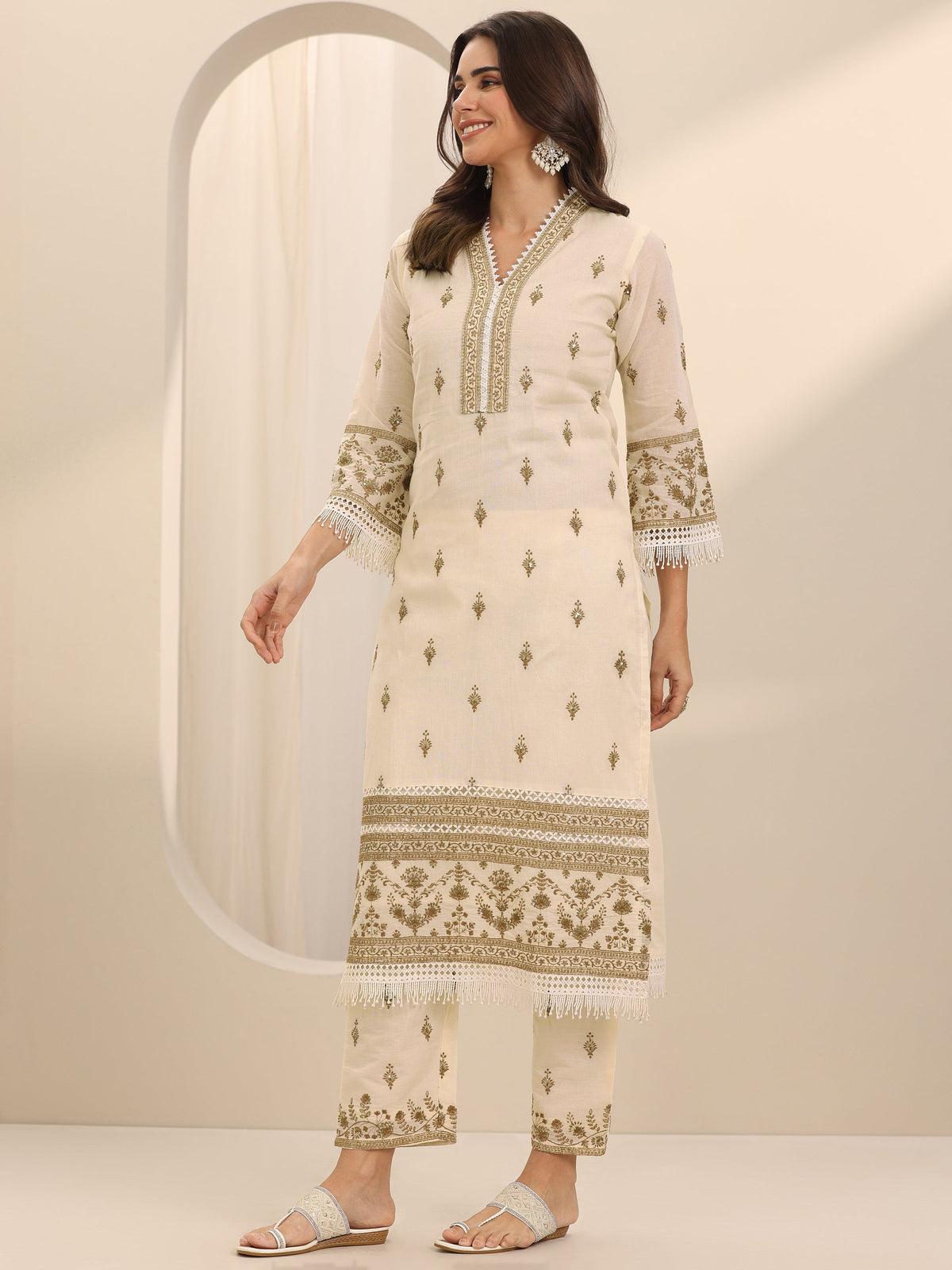 Libas Off White Embroidered Cotton Straight Suit Set With Dupatta
