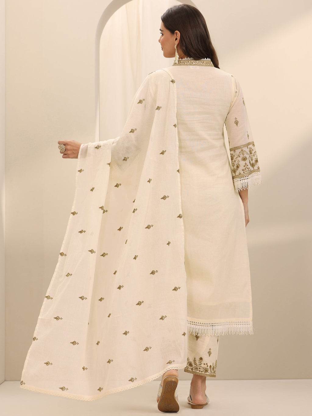 Libas Off White Embroidered Cotton Straight Suit Set With Dupatta