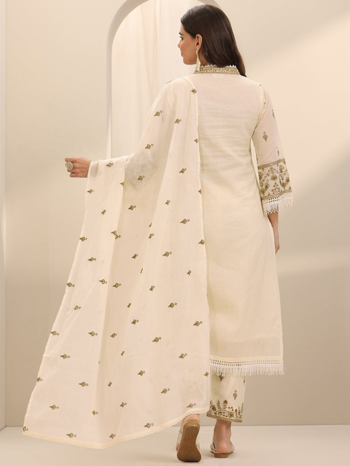 Libas Off White Embroidered Cotton Straight Suit Set With Dupatta