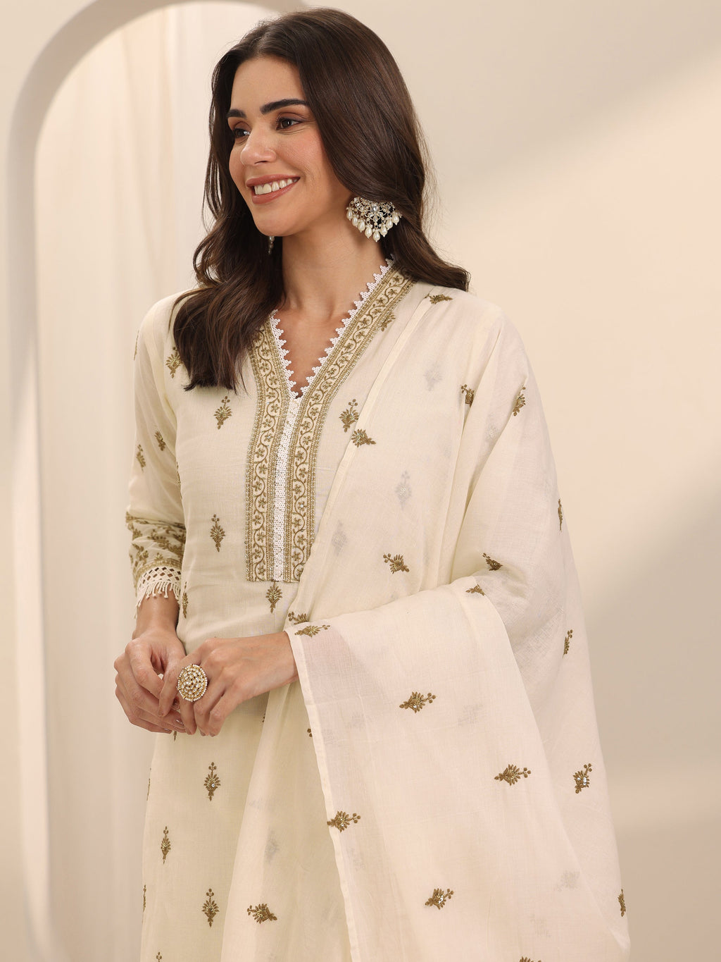 Libas Off White Embroidered Cotton Straight Suit Set With Dupatta